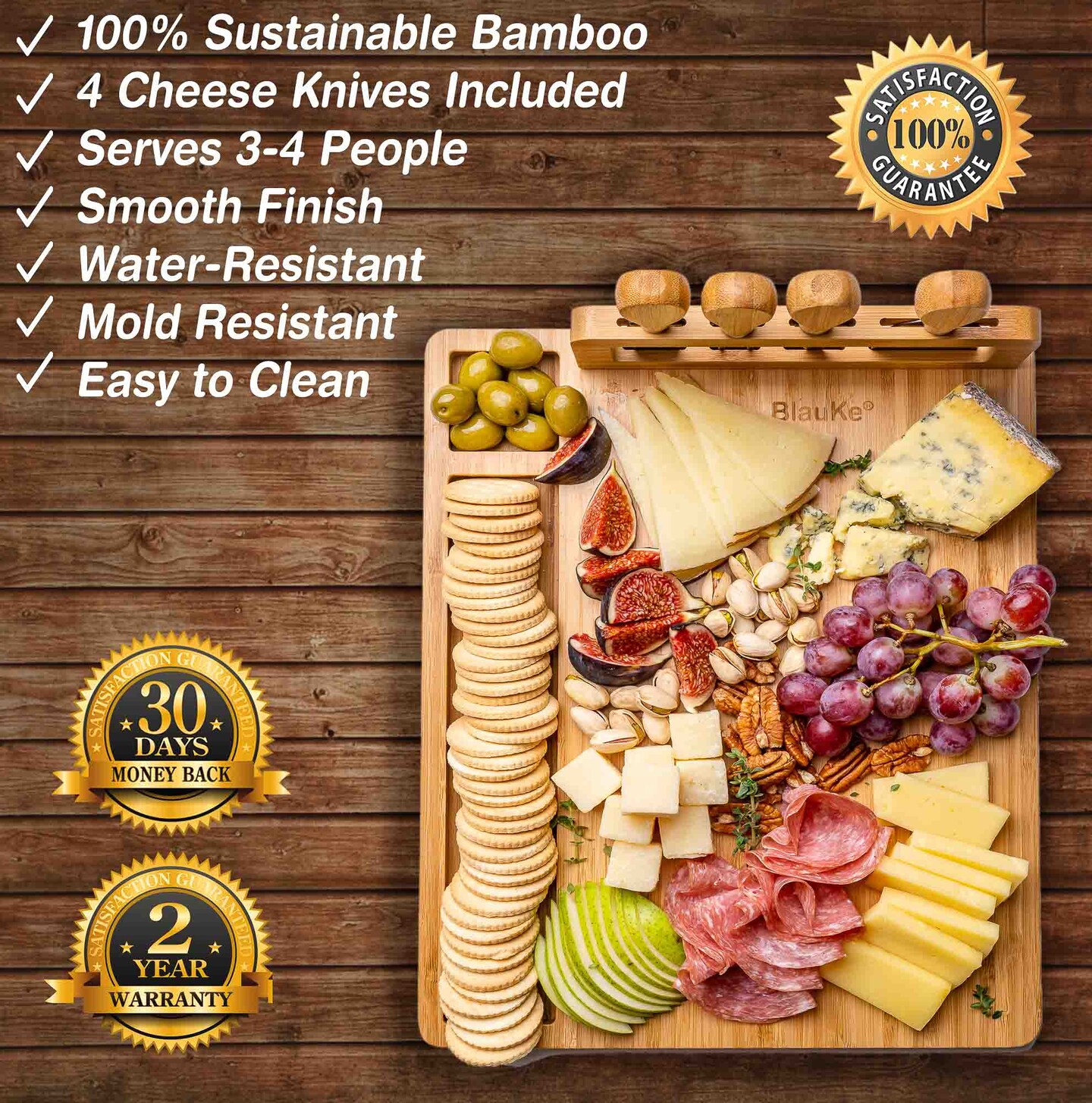 Natural Bamboo Cheese Serving Board w/2 cups, 4 knives & 6 forks MEHF-MART  