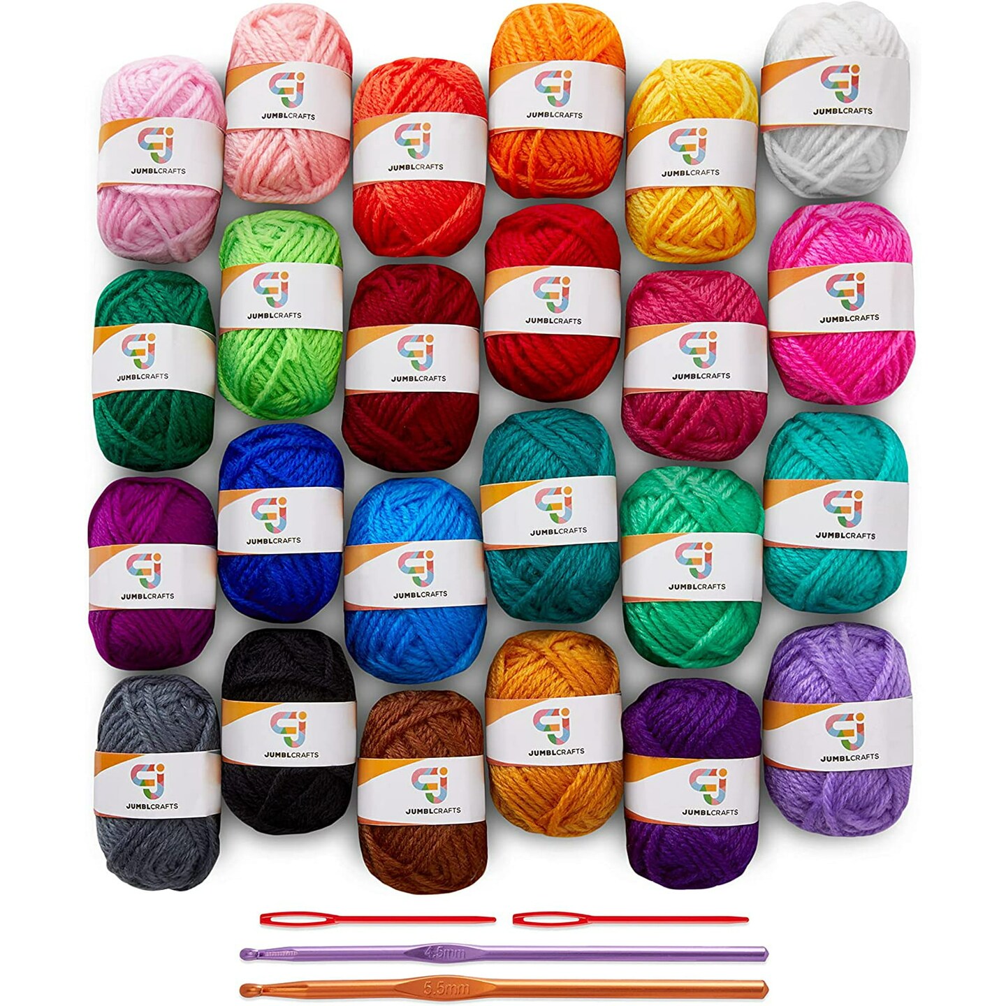 JumblCrafts 24 Yarn Crochet Kit for Beginners with 2 Crochet Hooks &#x26; 2 Weaving Needles