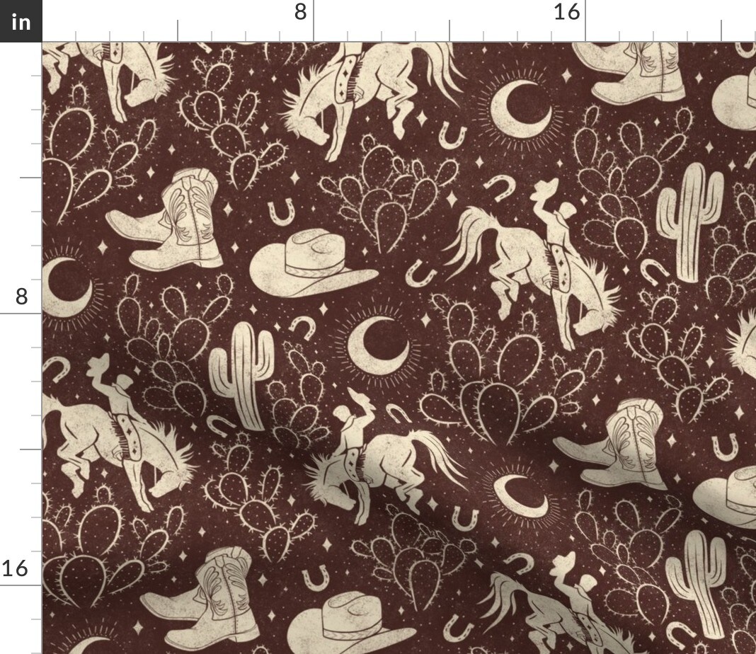 Southwest Brown Boots Cactus Ranch Rodeo Cowboy Hat Moon Custom Printed Fabric by Spoonflower Various Fabrics by the Yard or Fat Quarter