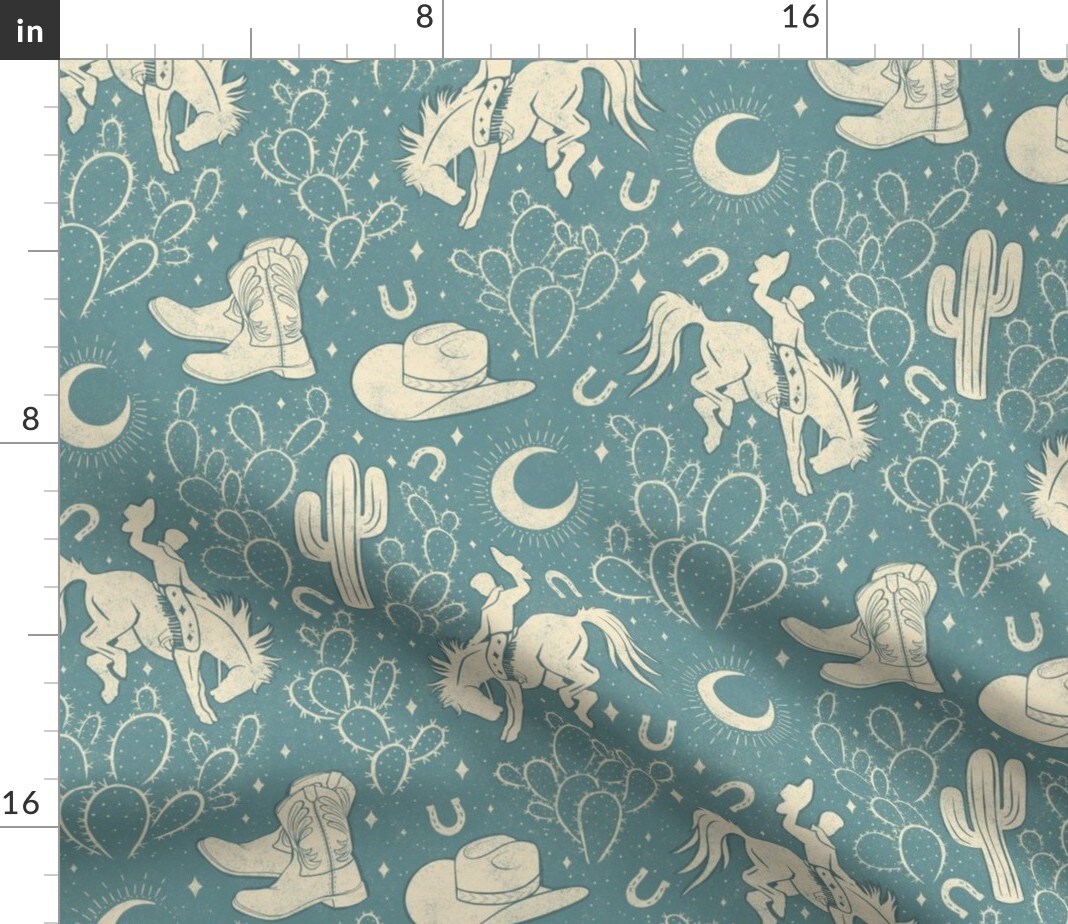 Southwest Dusky Blue Boots Cactus Ranch Rodeo Cowboy Hat Moon Custom Printed Fabric by Spoonflower Various Fabrics by the Yard or Fat Quarter