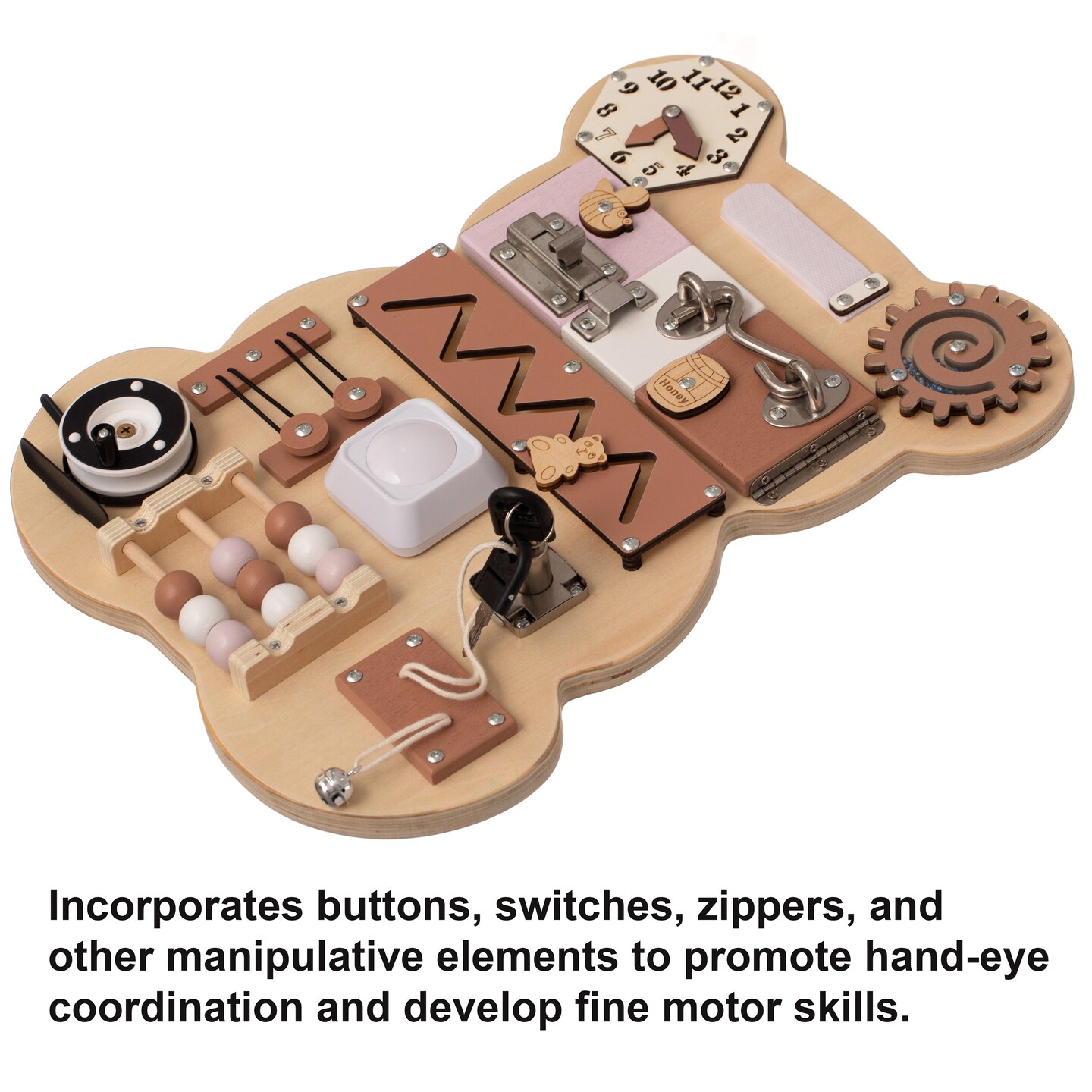 Wooden Sensory Bear Shaped Learning Toddler Busy Board for Playroom, Nursery, Preschool, and Doctors' Office