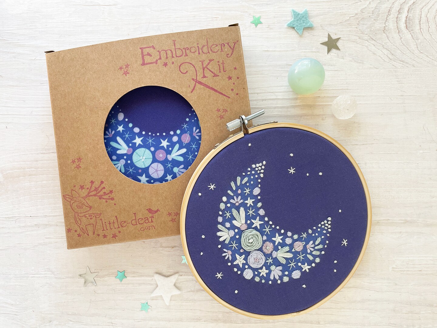Floral Crescent Moon Hand Embroidery Kit, DIY craft kit