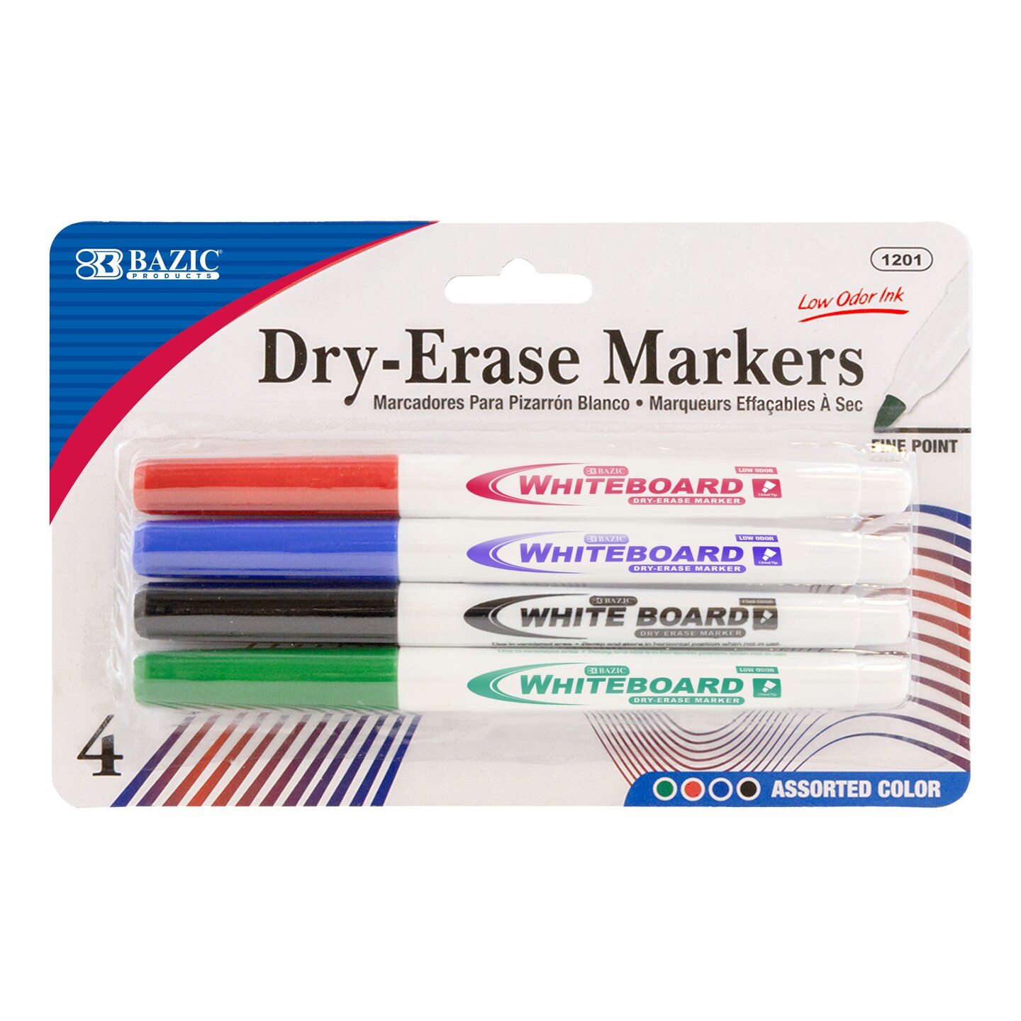 BAZIC Fine Tip Assorted Color Dry-Erase Marker (4/Pack)