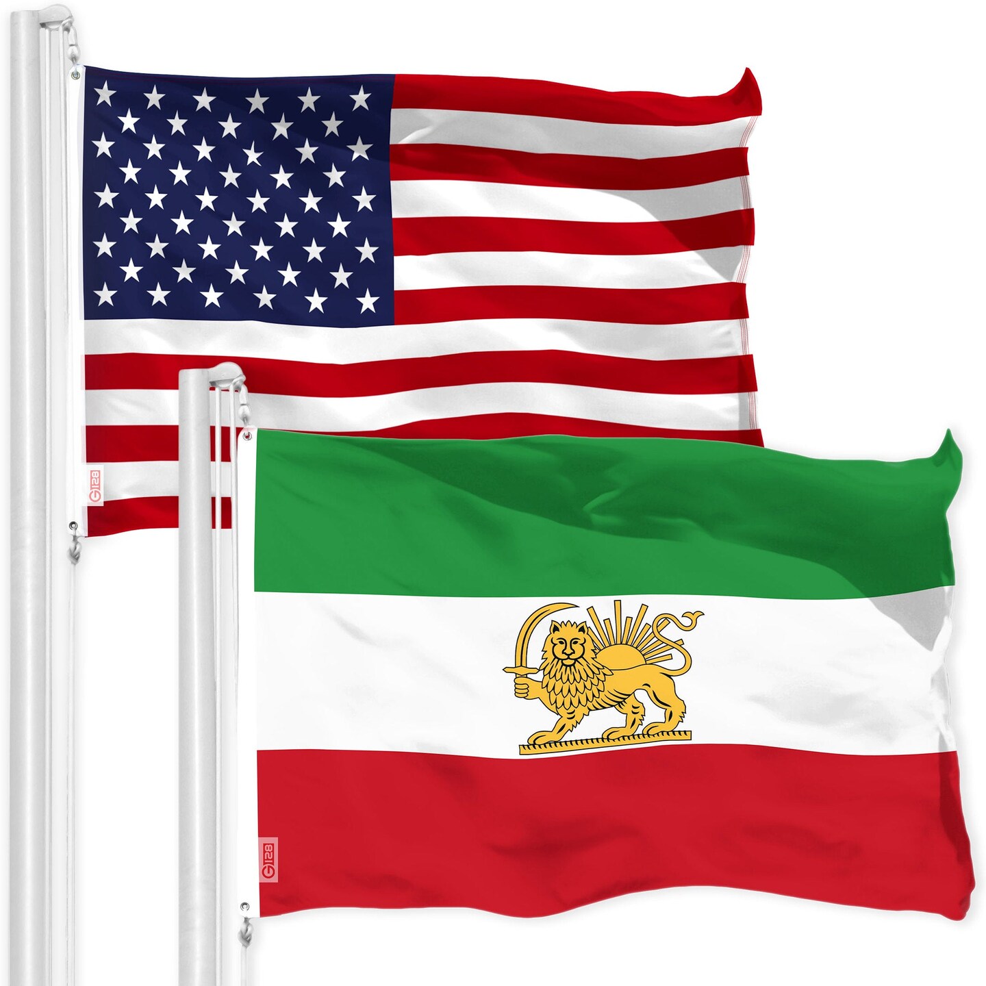 G128 Combo Pack: American USA Flag 3x5 Ft &#x26; Iran Lion Iranian Lion Flag 3x5 Ft | Both LiteWeave Pro Series Printed 150D Polyester, Brass Grommets