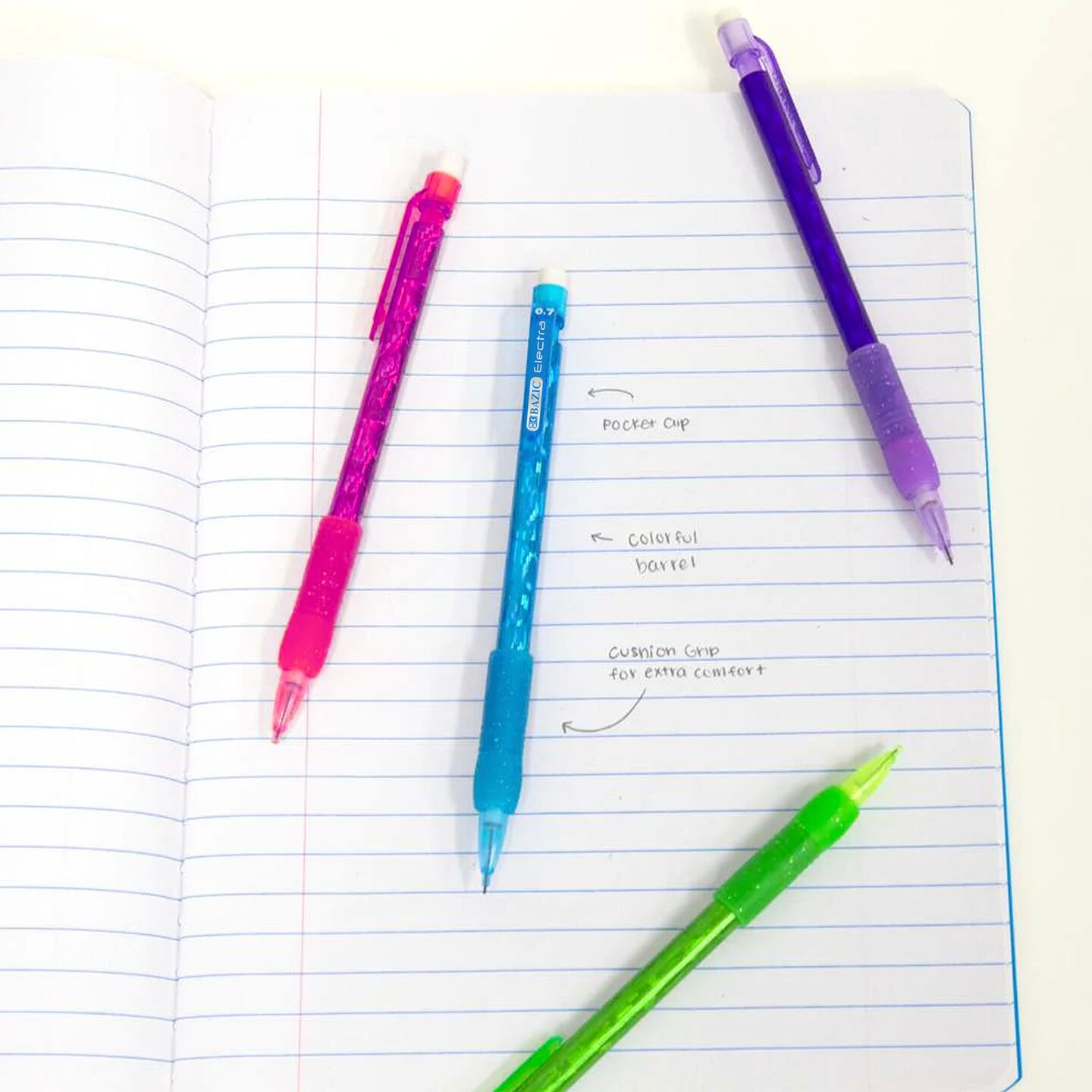 BAZIC 0.7mm Electra Sparkly Mechanical Pencil w/ Glitter Grip (4/Pk)