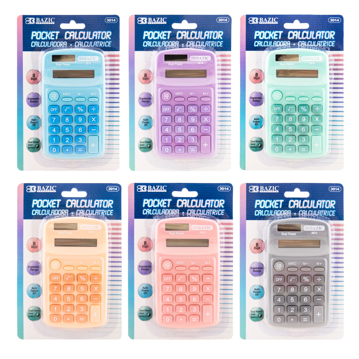 BAZIC Pocket Size Pastel Color Calculator 8-Digit Dual Power