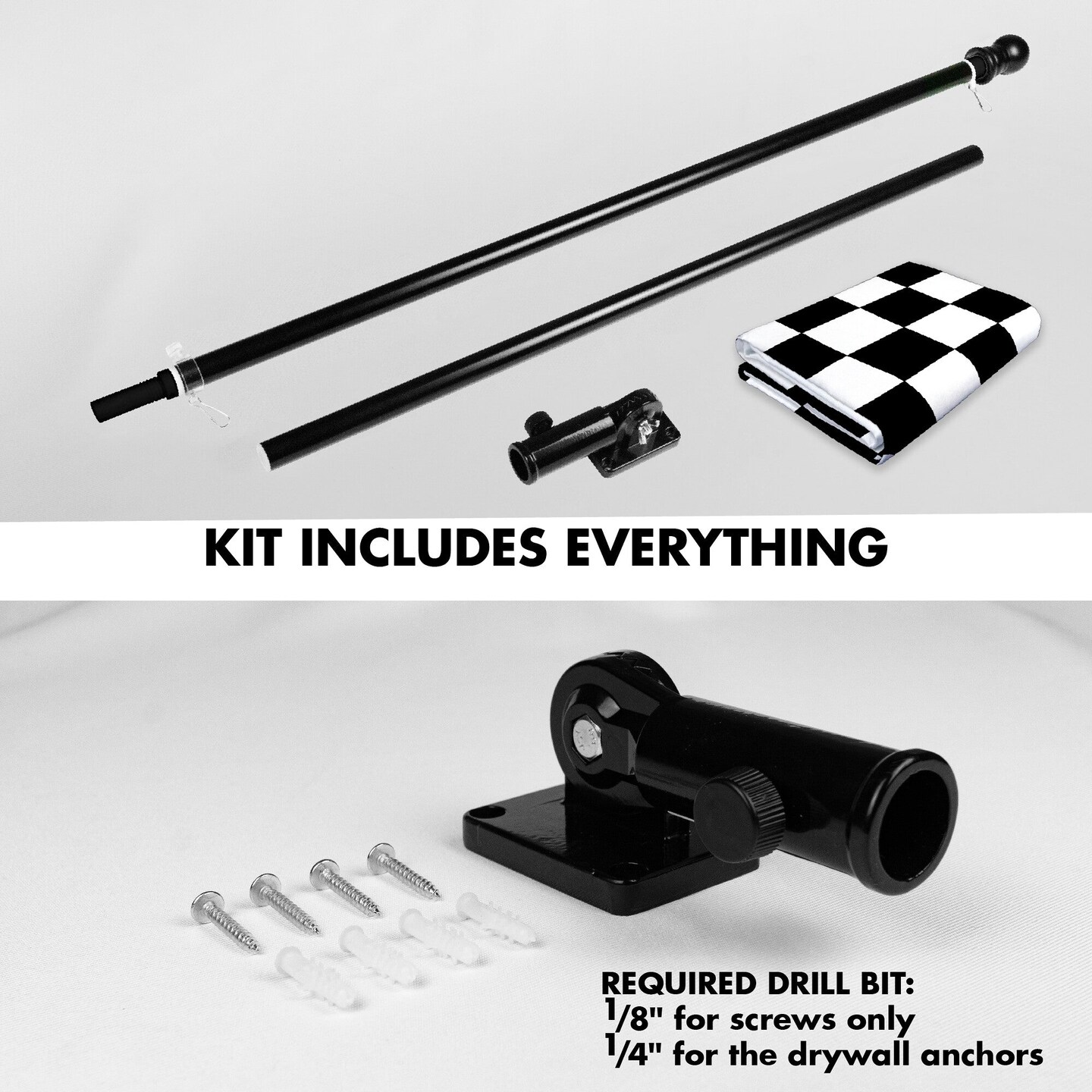 G128 Combo Pack: 6 Ft Tangle Free Spinning Flagpole (Black) & Checkered Flag Flag 3x5 Ft Printed 150D Polyester, Brass Grommets (Flag Included) Aluminum Flag Pole