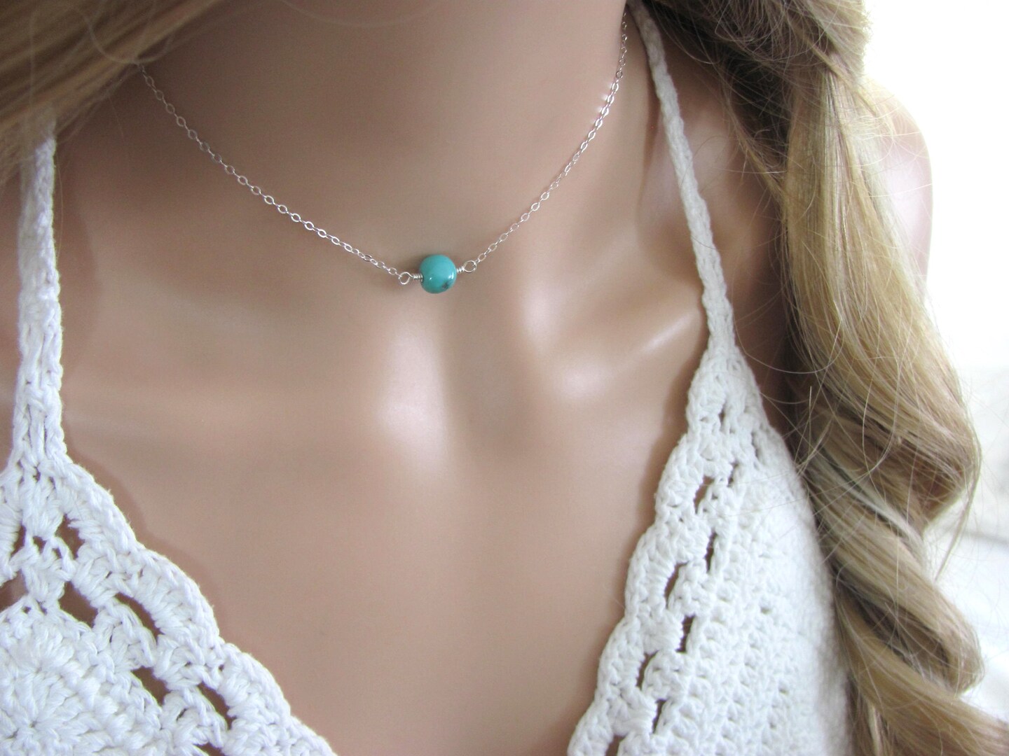 product name is Natural Turquoise Choker Necklace, December Birthstone Gift