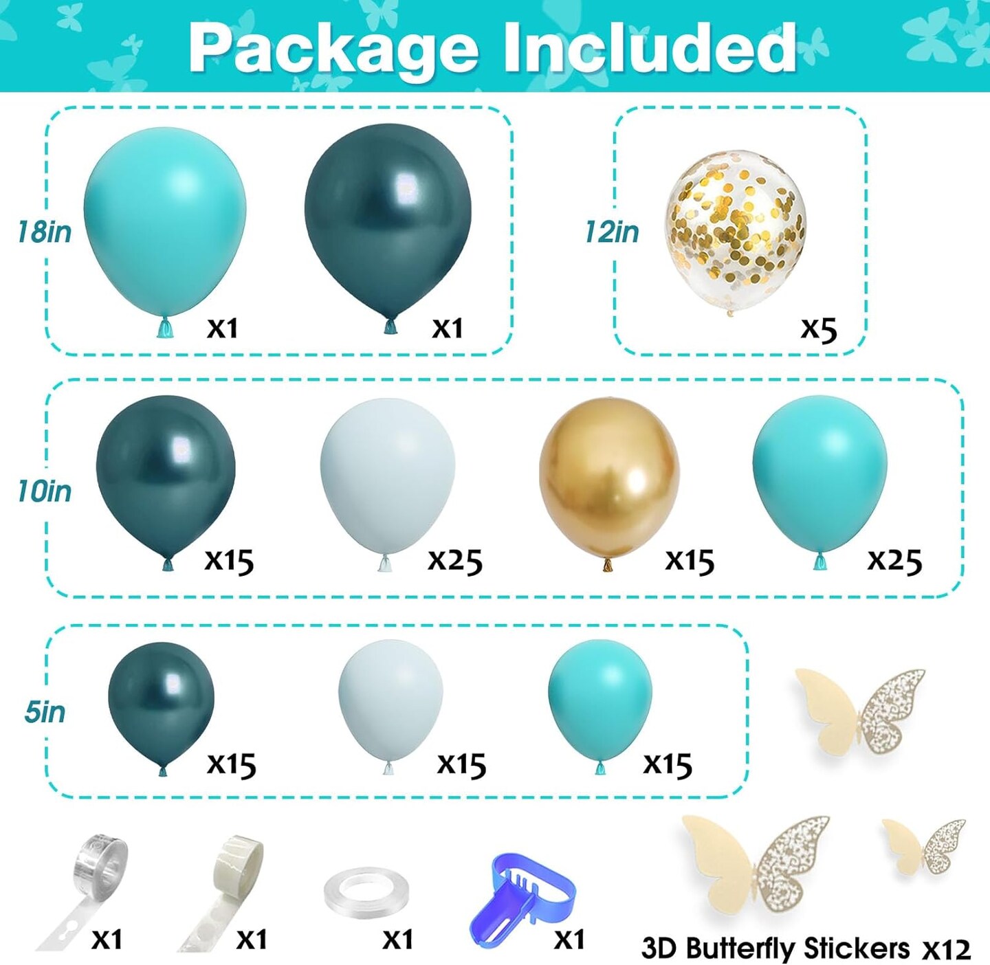 Teal Balloons Garland Arch Kit, 148Pcs Dark Teal Tiffany Blue Turquoise Metallic Gold Balloon with 12Pcs Gold Butterfly Stickers for Birthday Baby Bridal Shower Wedding Party Backdrop Decorations