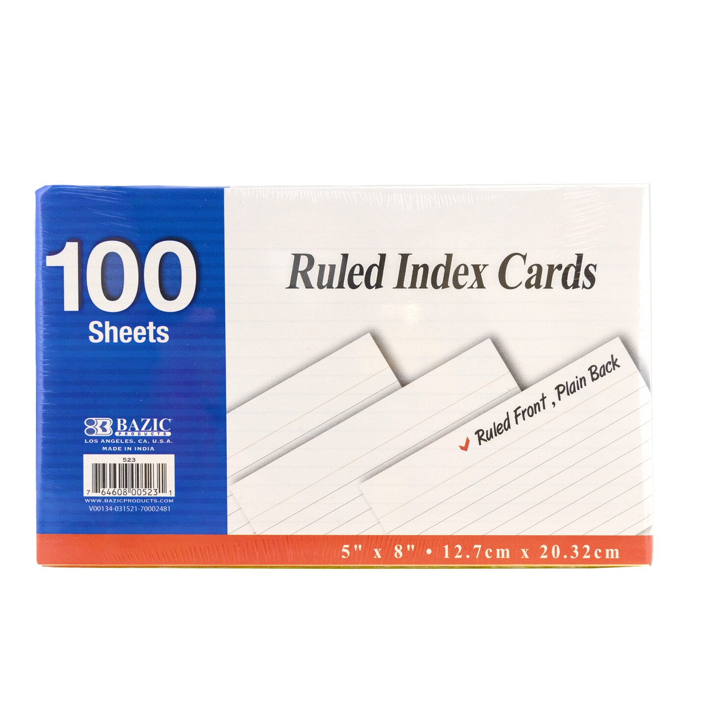 BAZIC Ruled White Index Card 5&#x22; X 8&#x22; 100 Ct.