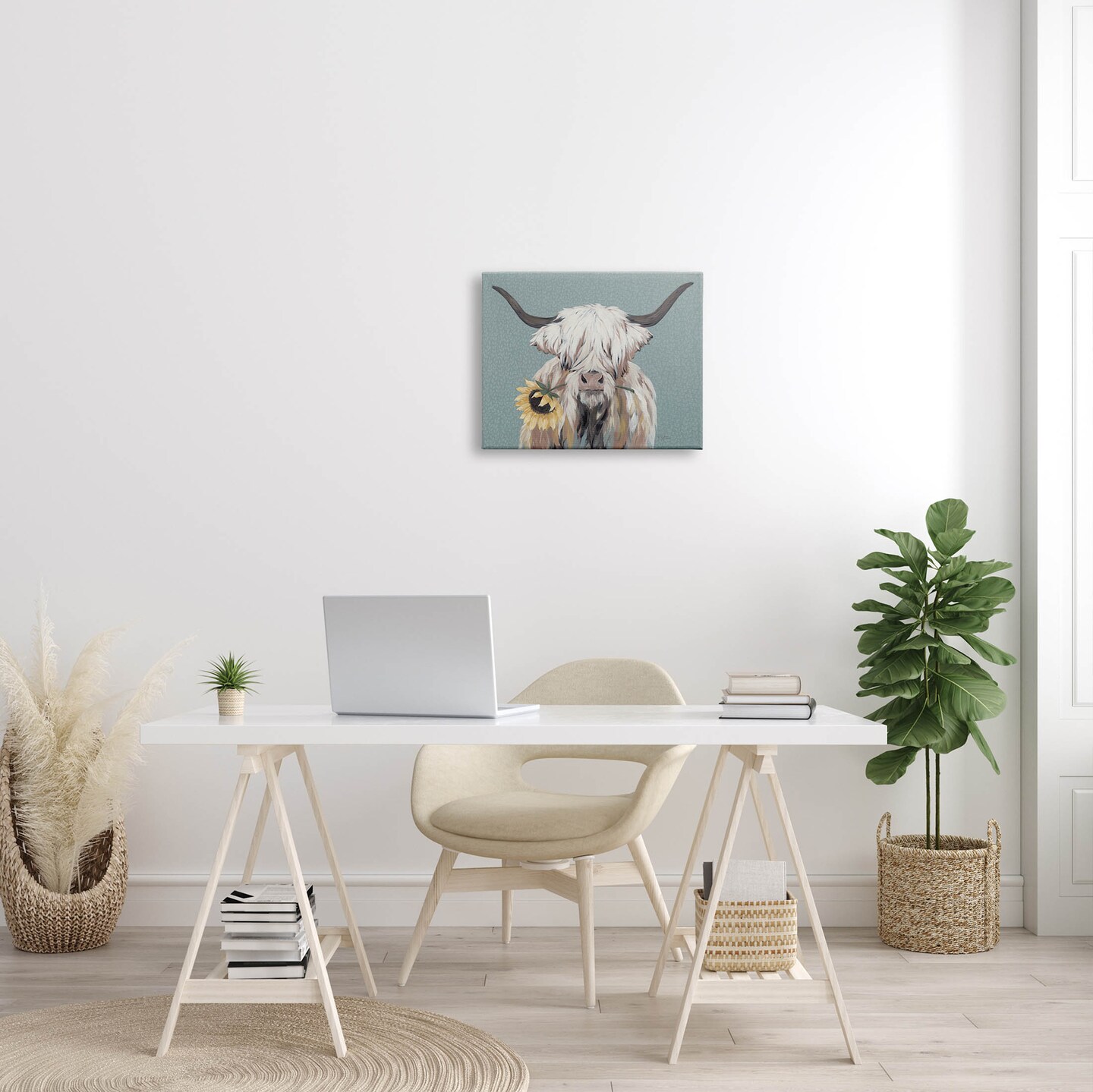 Stupell Industries Highland Cattle Biting Sunflower Bloom Canvas Wall Art