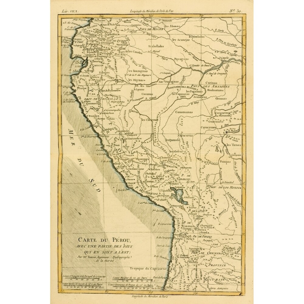 Map Of Peru Circa.1760. From _Atlas De Toutes Les Parties Connues Du Globe Terrestre By Cartographer Rigobert Bonne.