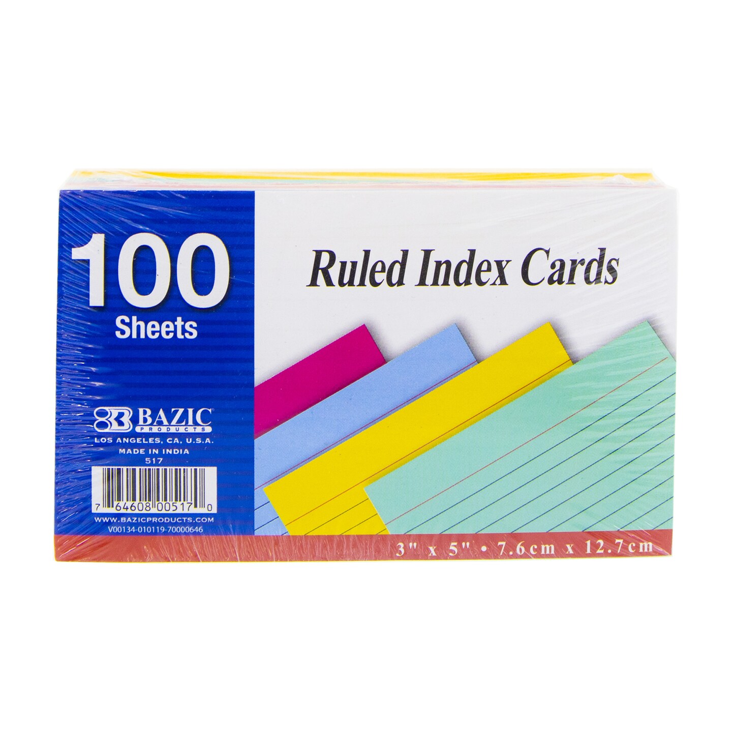 BAZIC Ruled Colored Index Card 3&#x22; X 5&#x22; 100 Ct.