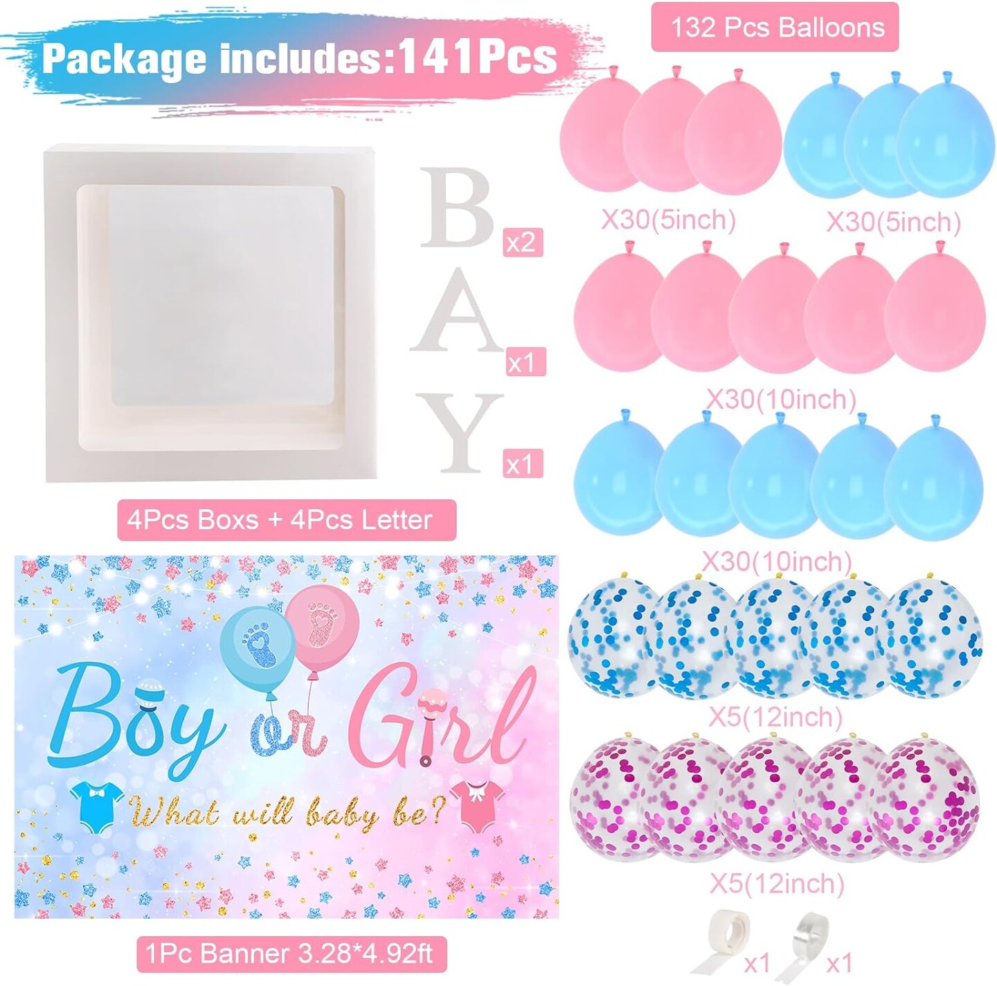Gender Reveal Baby Balloon Boxes Decorations, Pink Blue Balloon Arch Garland Kits With 4pcs Baby Boxes, Gender Reveal Backdrop for Baby Shower,Boy or Girl gender Reveal Party Supplies(141pcs)