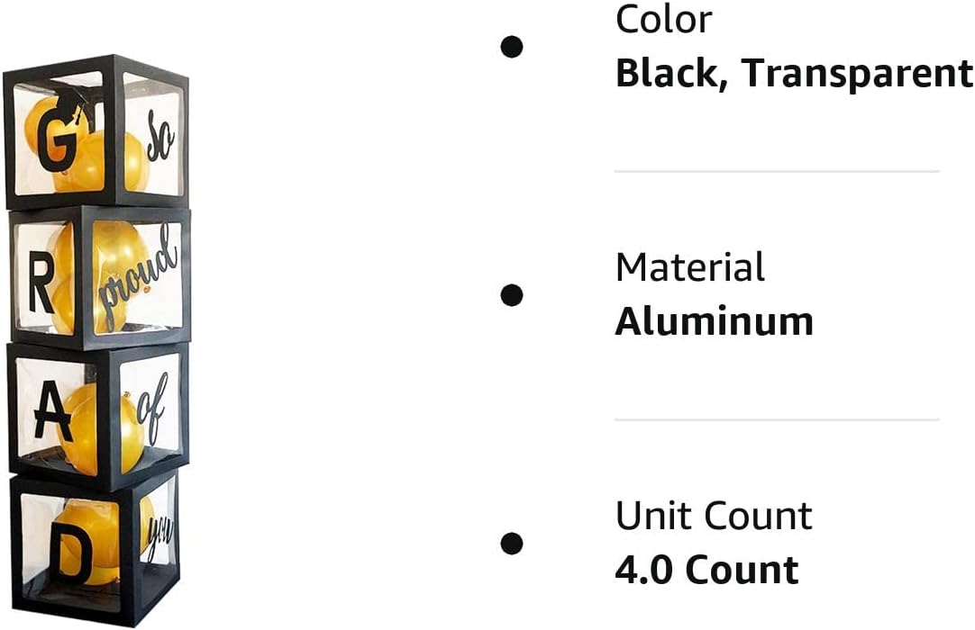 Balloons Boxes Grad So Proud of You Graduations 2024 for Graduation Party Decorations Supplies for Indoor/Outdoor Home Door Décor 4 Pcs Black Balloons Transparent Boxes(NO Balloons)