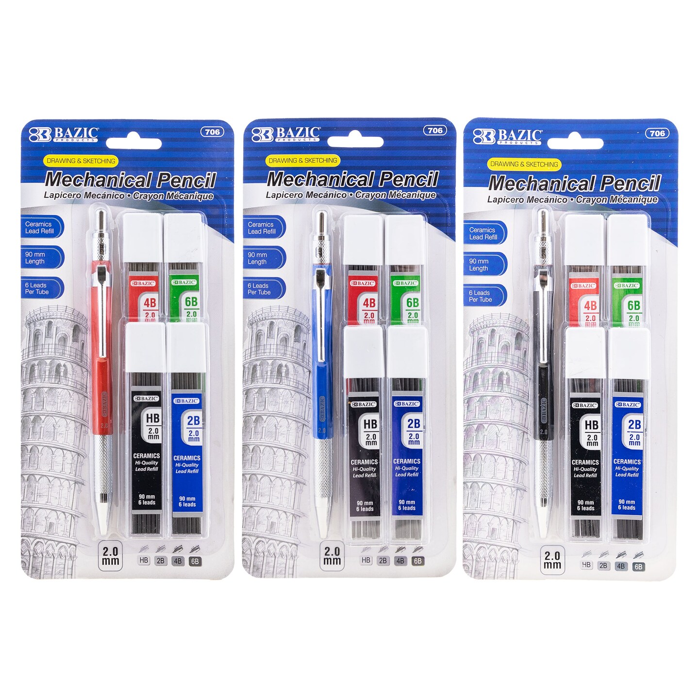 BAZIC 2.0 mm Drawing &#x26; Sketching Mechanical Pencil w/ HB 2B 4B 6B Ceramic Lead