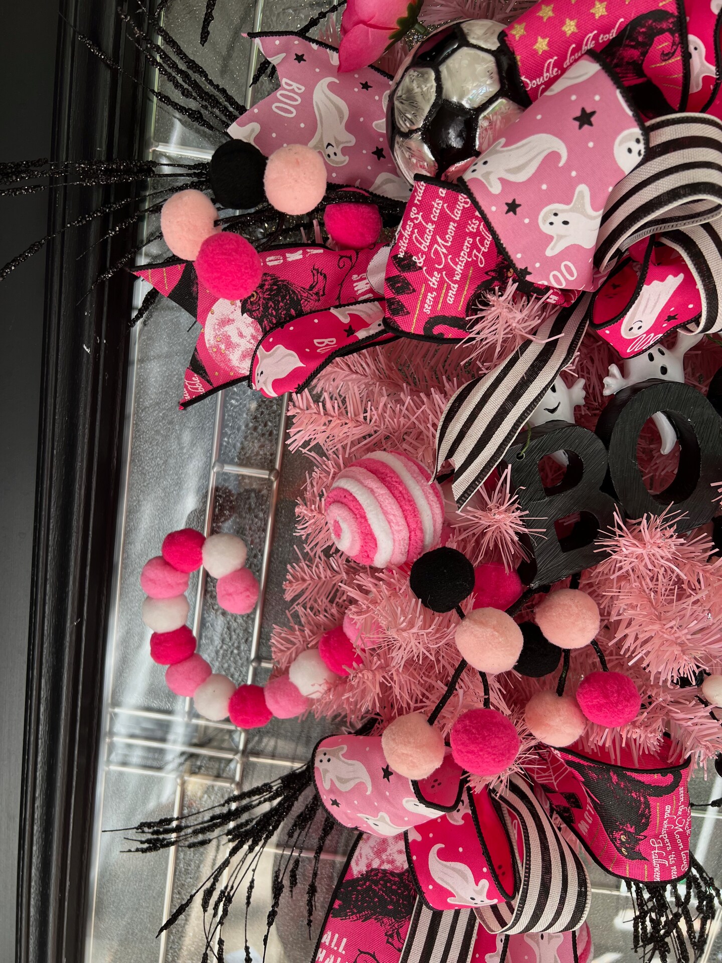 Pink Halloween Swag Wreath For Front Door, With BOO Sign