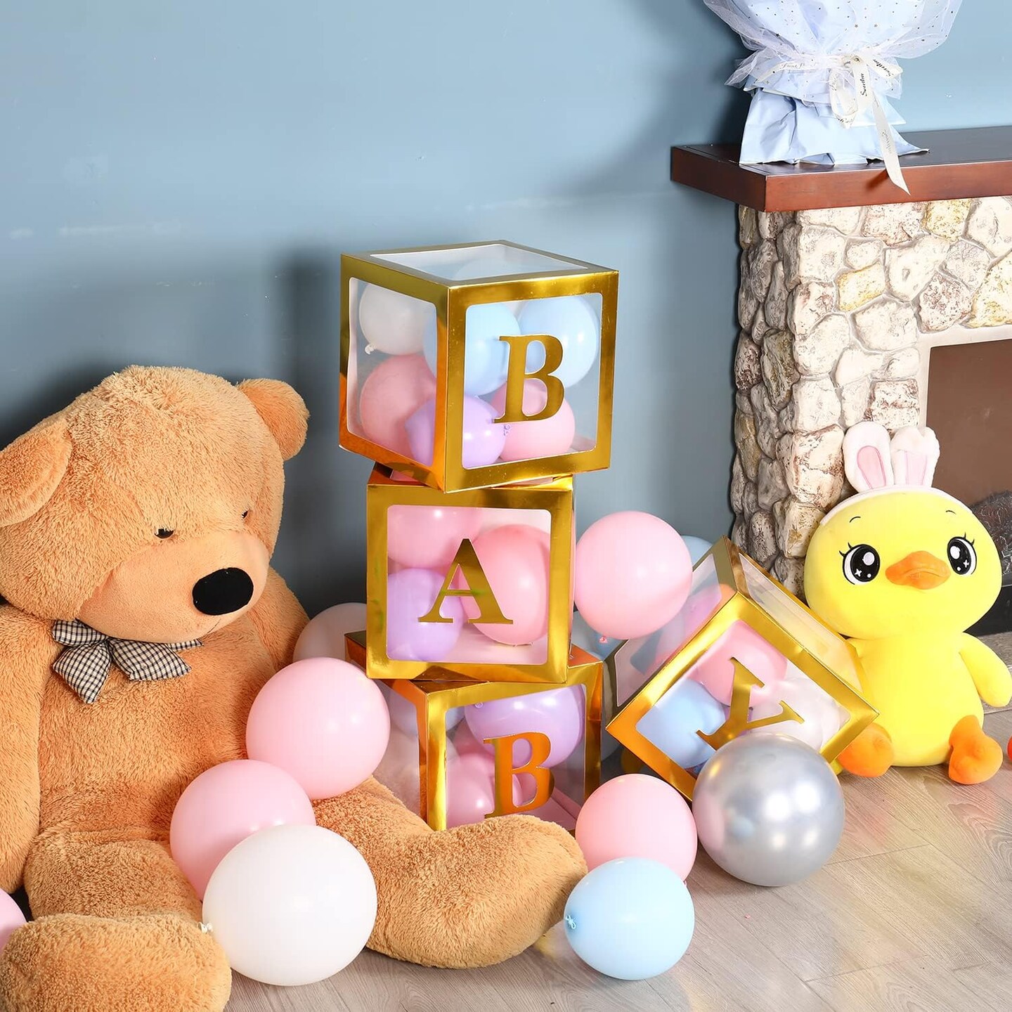 Gold Clear Baby Boxes with Letters for Baby Shower,Baby Shower Decorations, Transparent Ballon Boxes Backdrop,Baby Shower Birthday Party,Gender Reveal, Baby Blocks
