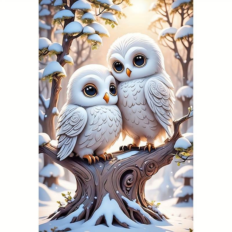 Cuddling Snowy Owls Diamond Painting Kit