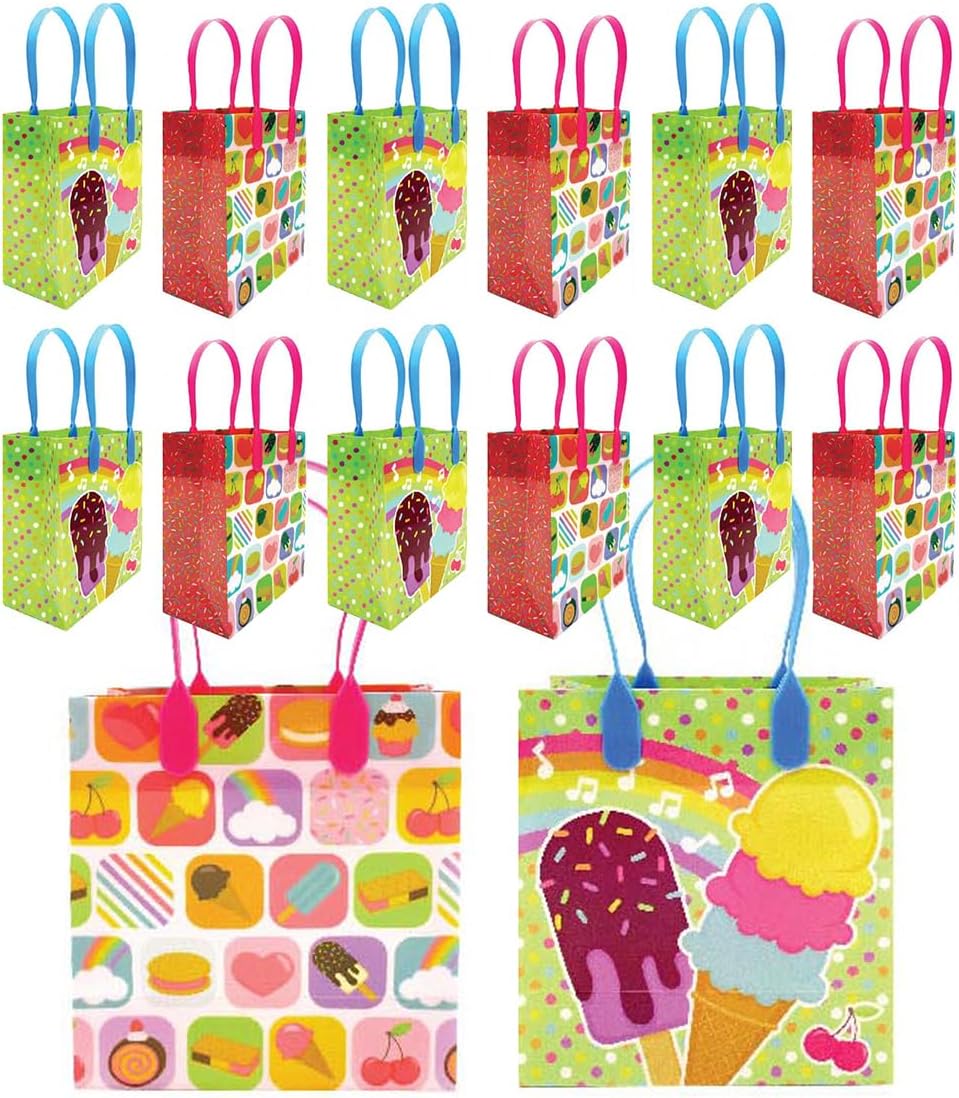 Tiny Mills Ice Cream Party Favor Bags Treat Bags with Handles Candy Bags for Birthday Party ,12 Pack