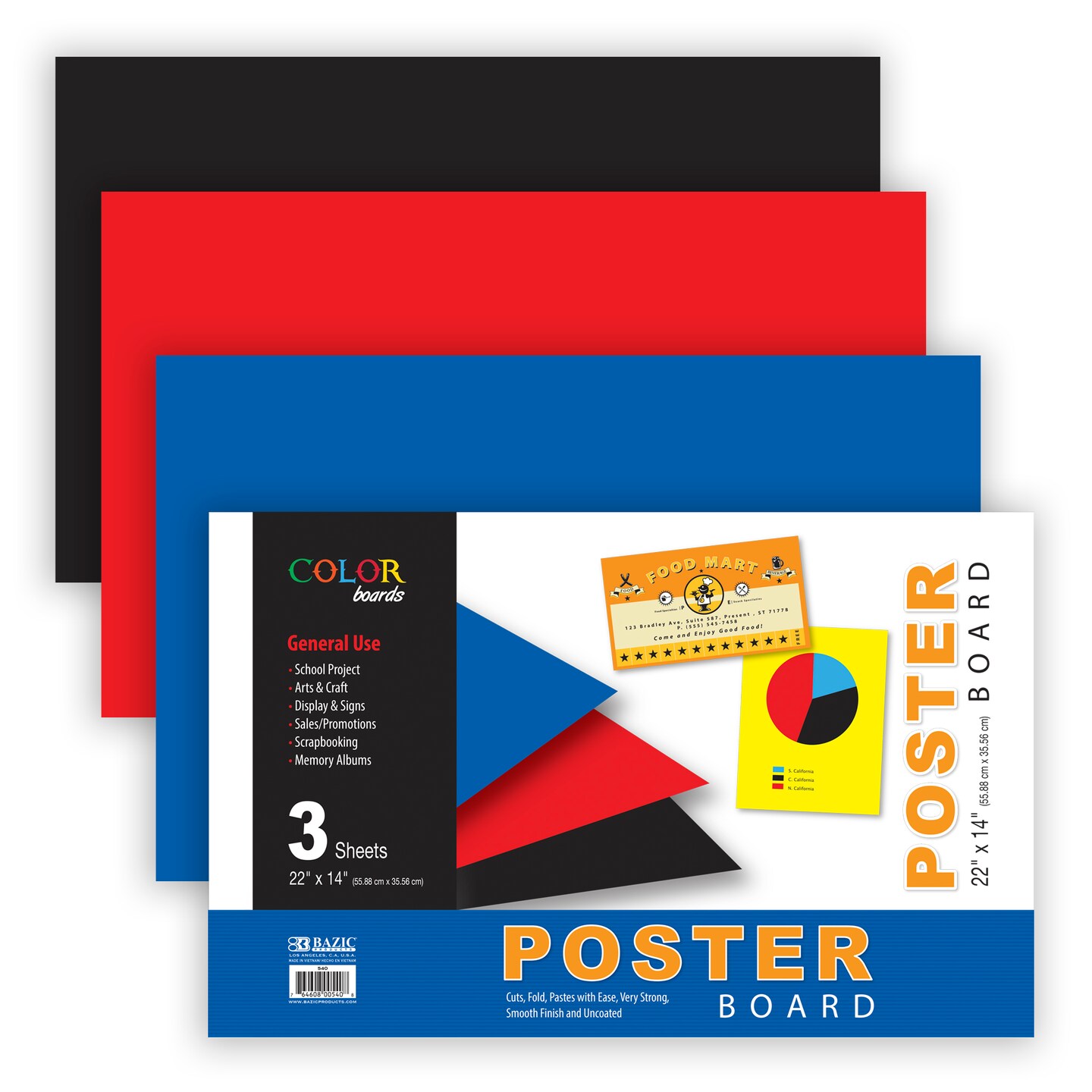 BAZIC 22&#x22; X 14&#x22; Asst. Color Poster Board (3/Pack)