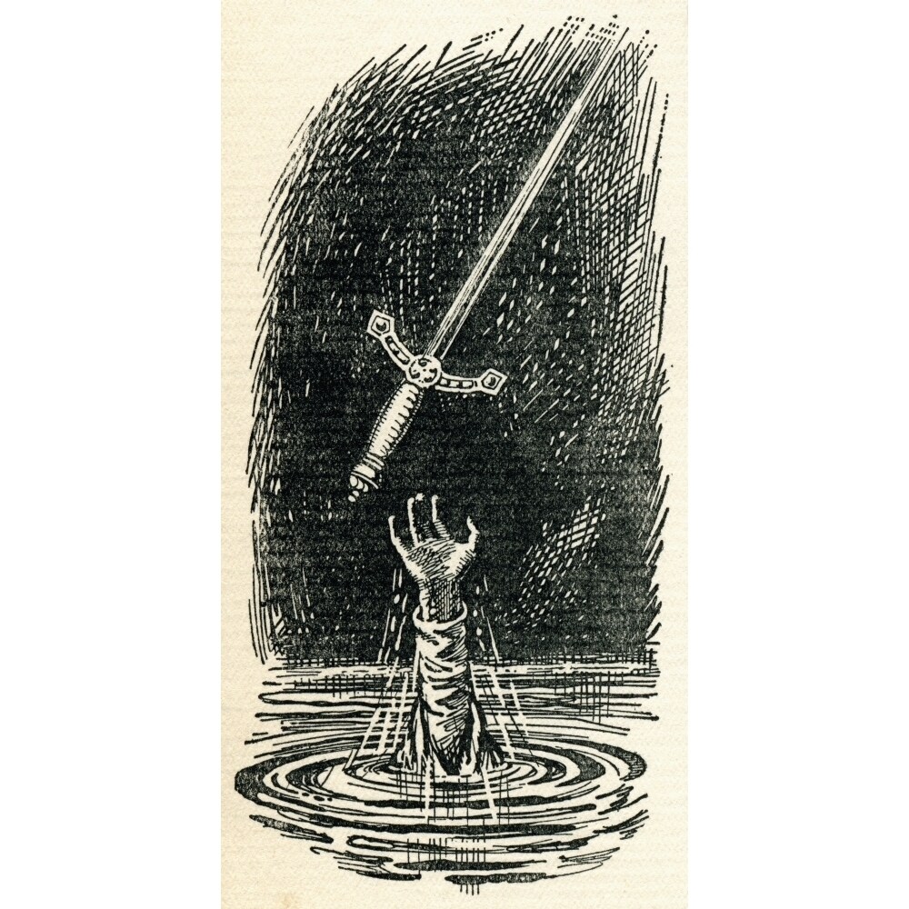 King Arthurs Sword Excalibur And The Hand Emerging From The Lake. Illustration From The Book The Gateway To Tennyson