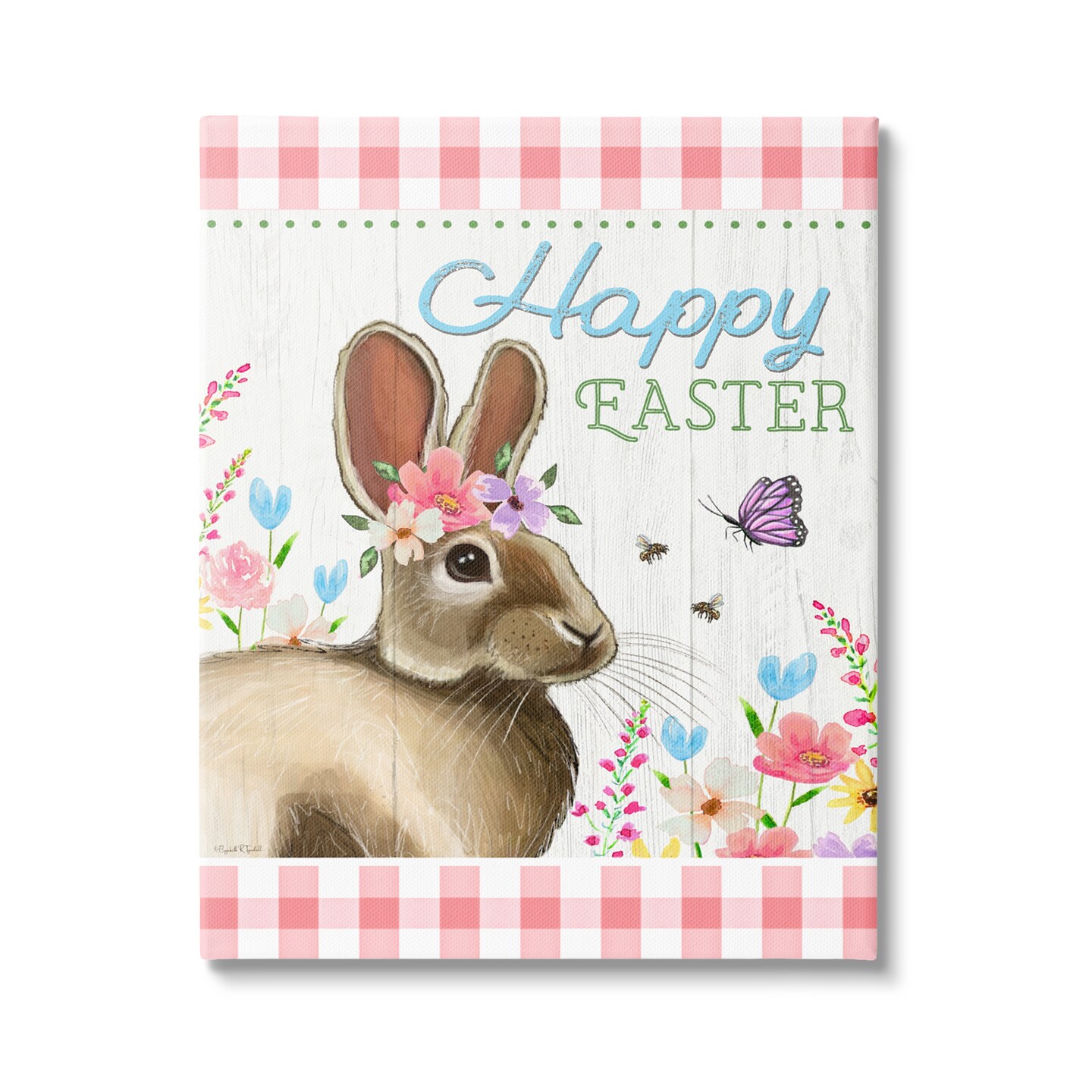 Stupell Industries Happy Easter Floral Gingham Rabbit Canvas Wall Art