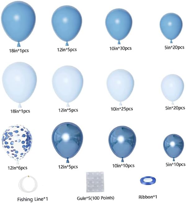138pcs Blue Balloon Arch Garland Kit with Different Size Metallic Macaron Pastel Blue Confetti Balloons for Baby Shower Birthday Wedding Ocean Themed Party. Background Party Decoration