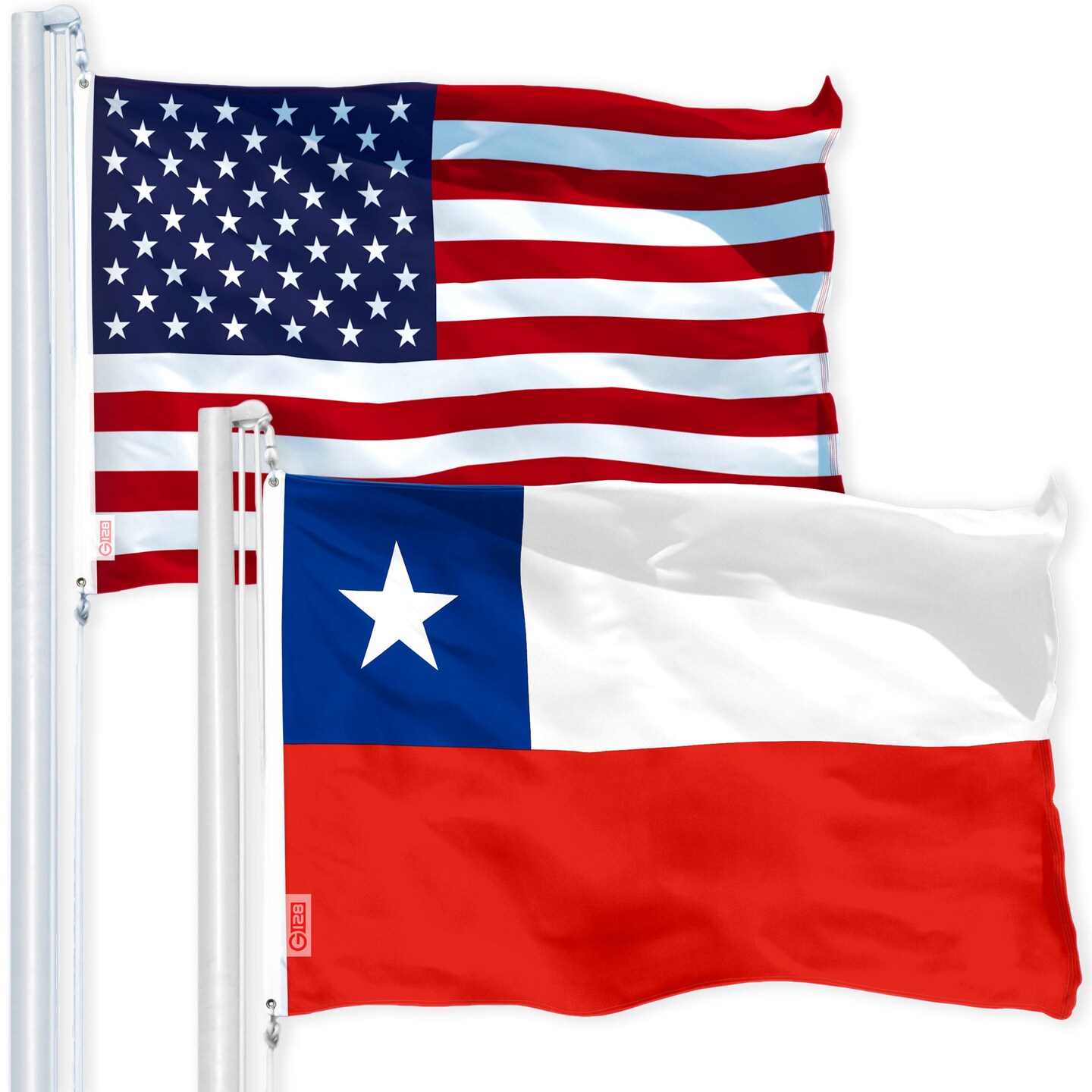 G128 Combo Pack: USA American Flag 3x5 Ft 150D Printed Stars &#x26; Chile (Chilean) Flag 3x5 Ft 150D Printed