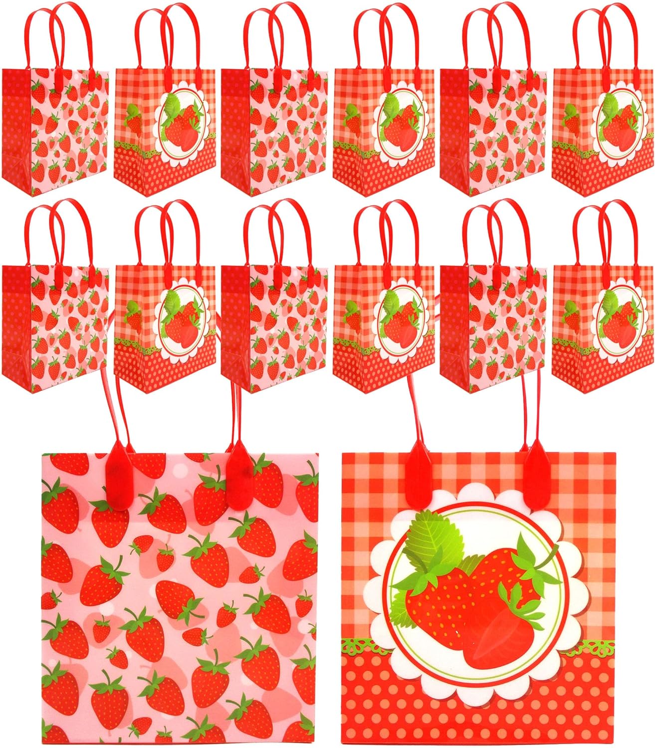 Tiny Mills Strawberry Party Favor Bags Treat Bags with Handles Candy Bags for Birthday Party ,12 Pack