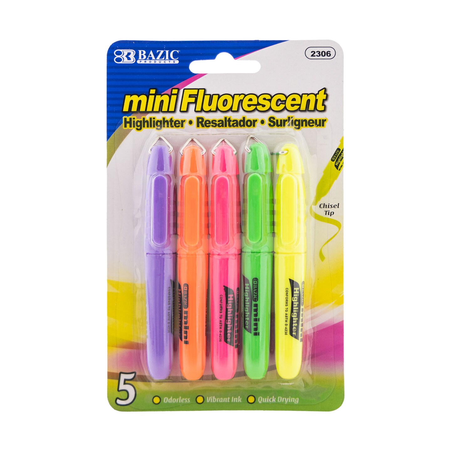 BAZIC Mini Fluorescent Highlighter w/ Cap Clip (5/Pack)