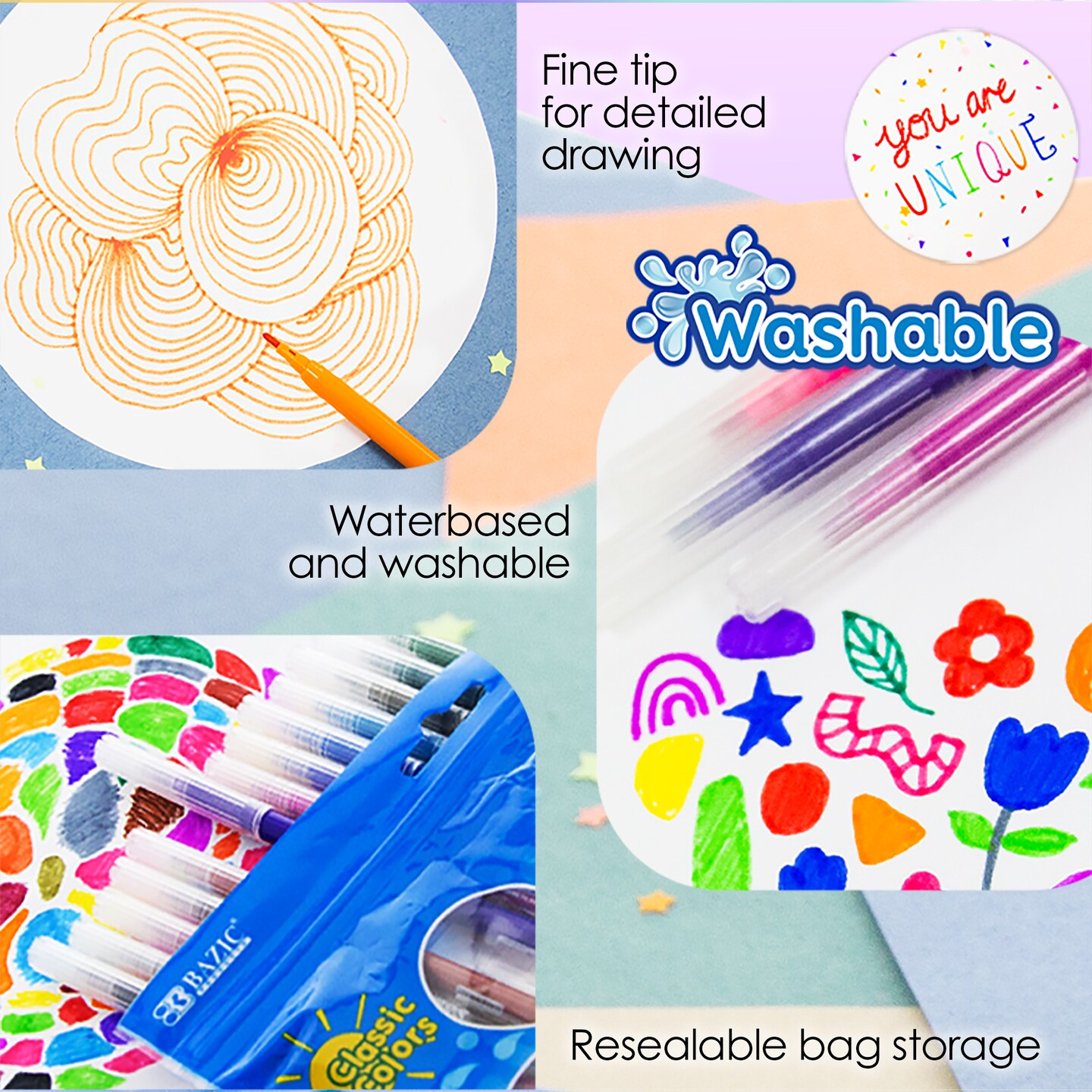 BAZIC Fine Line 10 Colors Washable Markers