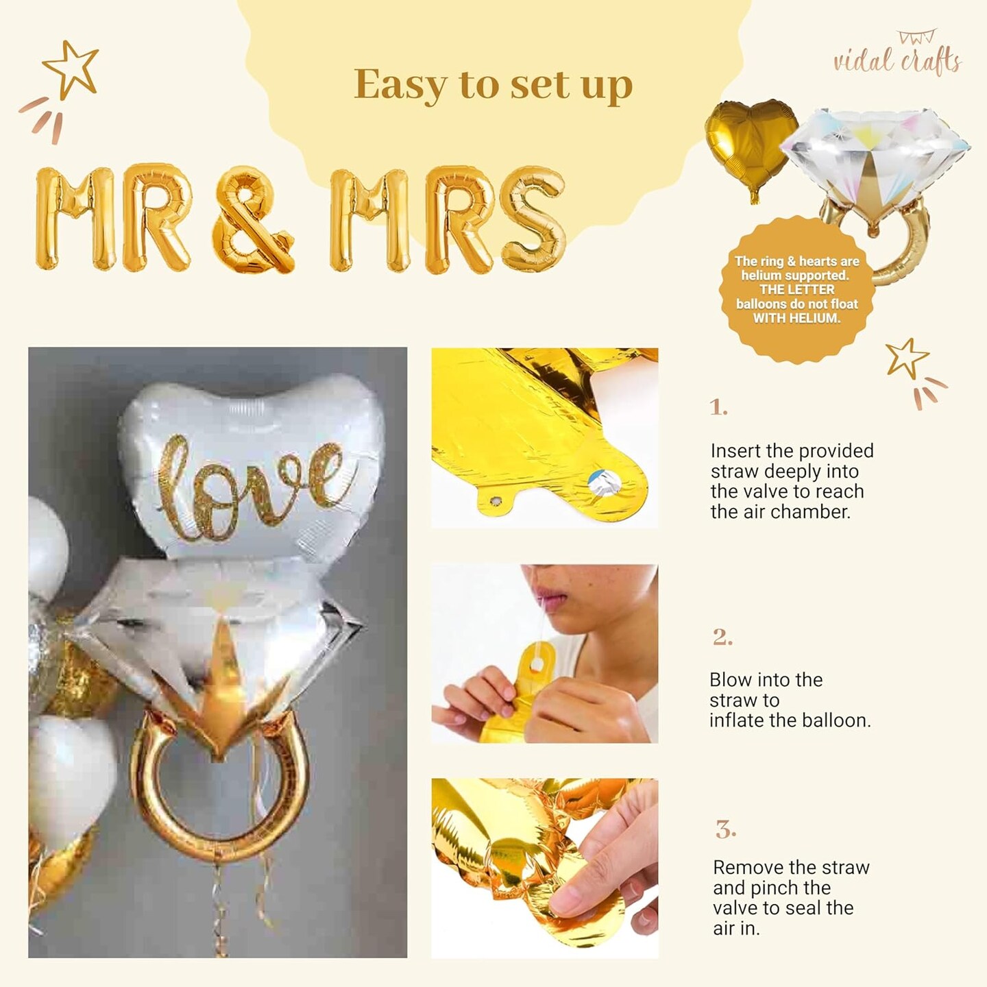 Gold Engagement Party Decorations - White & Gold Decor with Engaged Banner, Mr and Mrs Balloons, Latex Heart Confetti Balloons, Engagement Ring - Gold Themed Engagement Decorations