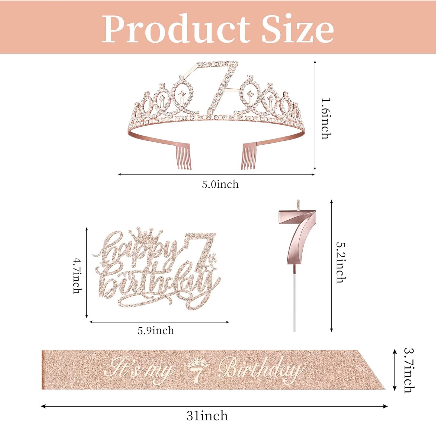 7th Birthday Decorations for Girl with 7th Birthday Sash and Tiara, Numeral 7 Candle and Cake Topper, 7th Birhtday Girls Rose Gold Party Favor Supplies