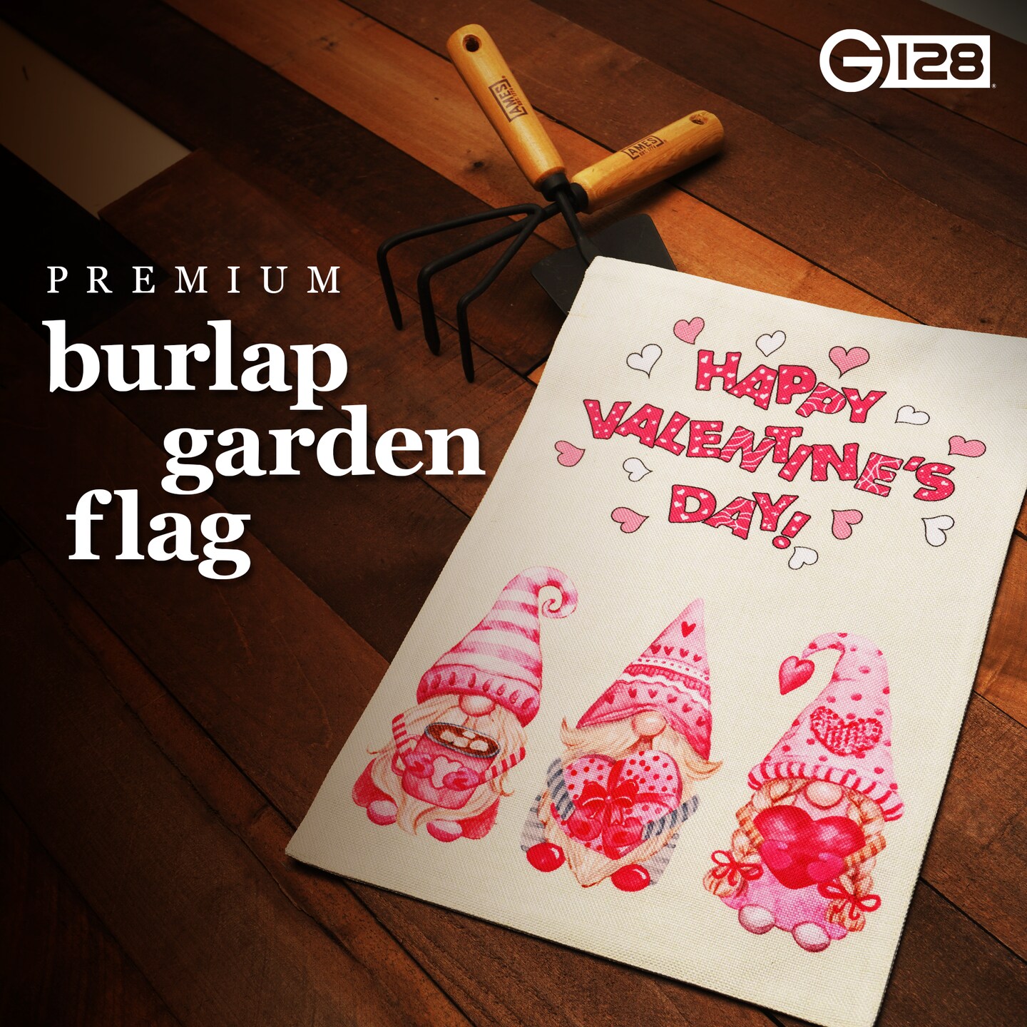 G128 Garden Flag Happy Valentine's Day Three Pink Hat Gnomes 12"x18" Burlap Fabric