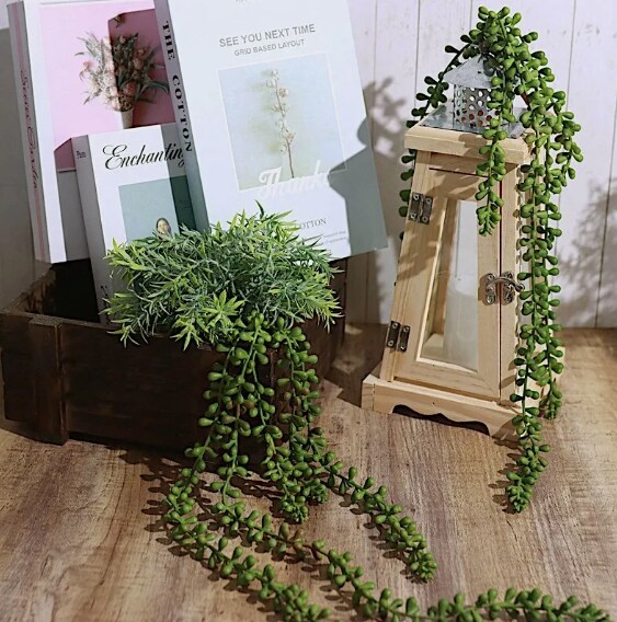 2 Green 23&#x22; Artificial Succulents Faux String Hanging Plants