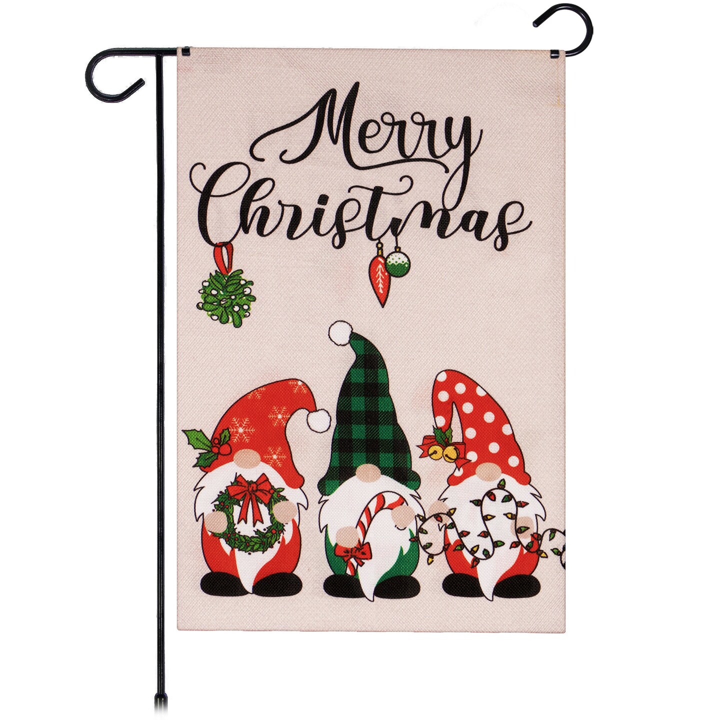 G128 Garden Flag Merry Christmas Three Festive Gnomes 12"x18" Burlap Fabric