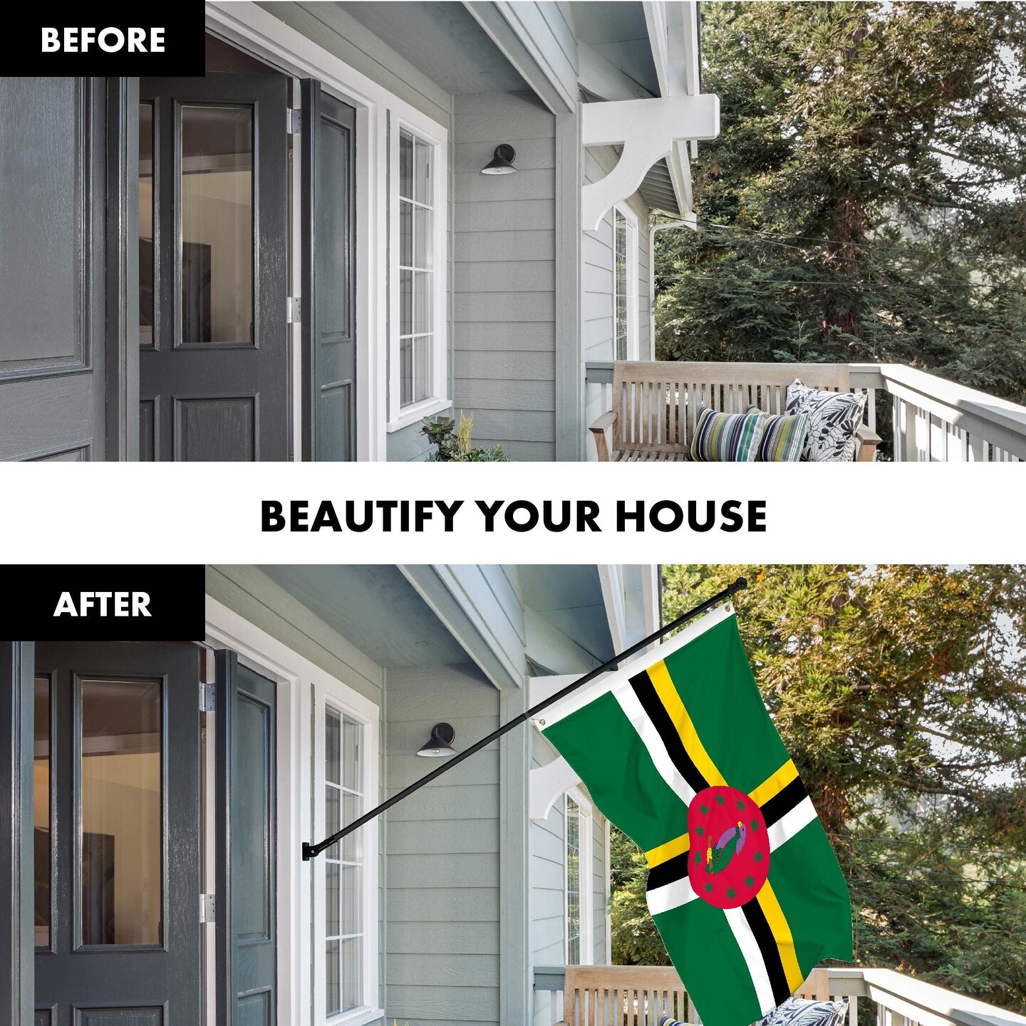 G128 Combo Pack: 6 Ft Tangle Free Aluminum Spinning Flagpole (Black) &#x26; Dominica Dominican Flag 3x5 Ft, LiteWeave Pro Series Printed 150D Polyester | Pole with Flag Included