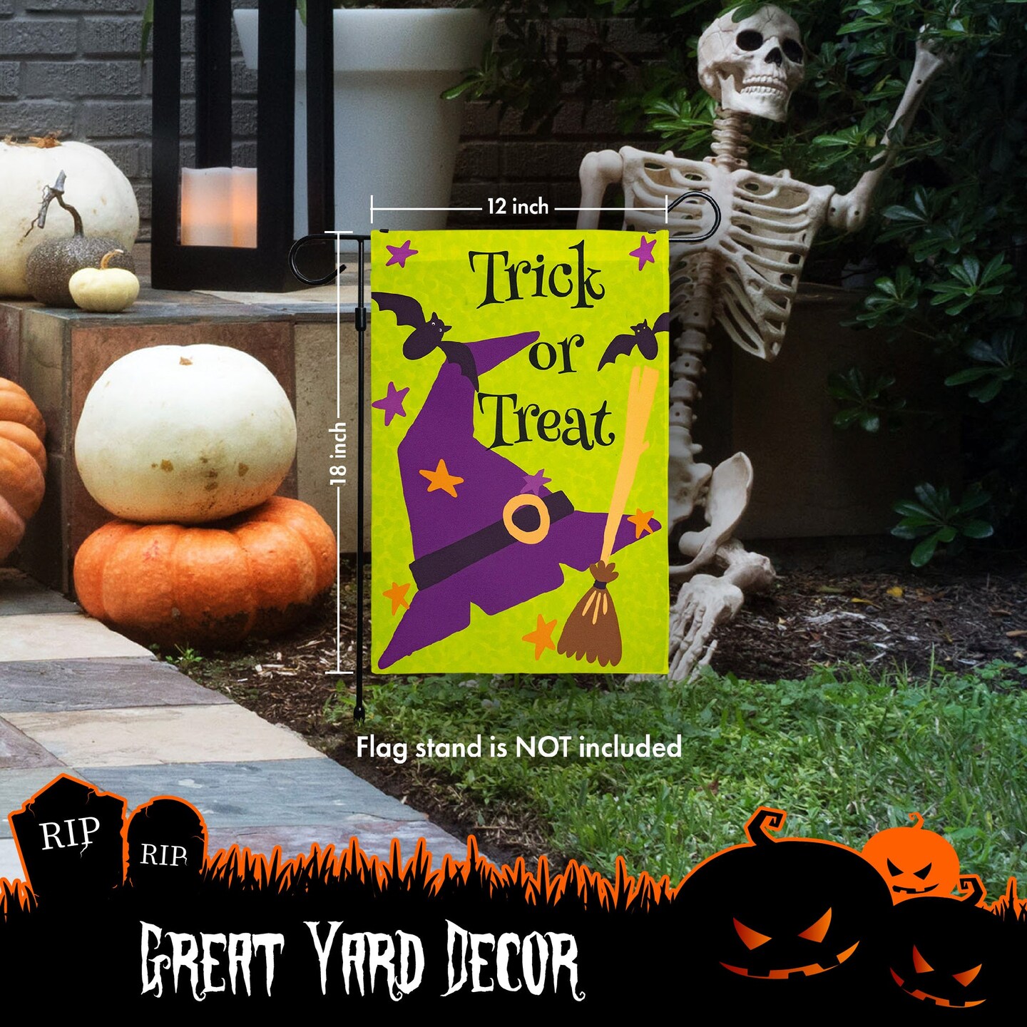 G128 - Halloween Garden Flag, Trick or Treat Quote with Witch Garden Yard Decorations,  | 12x18 Inch | Printed 150D Polyester - Rustic Holiday Seasonal Outdoor Flag