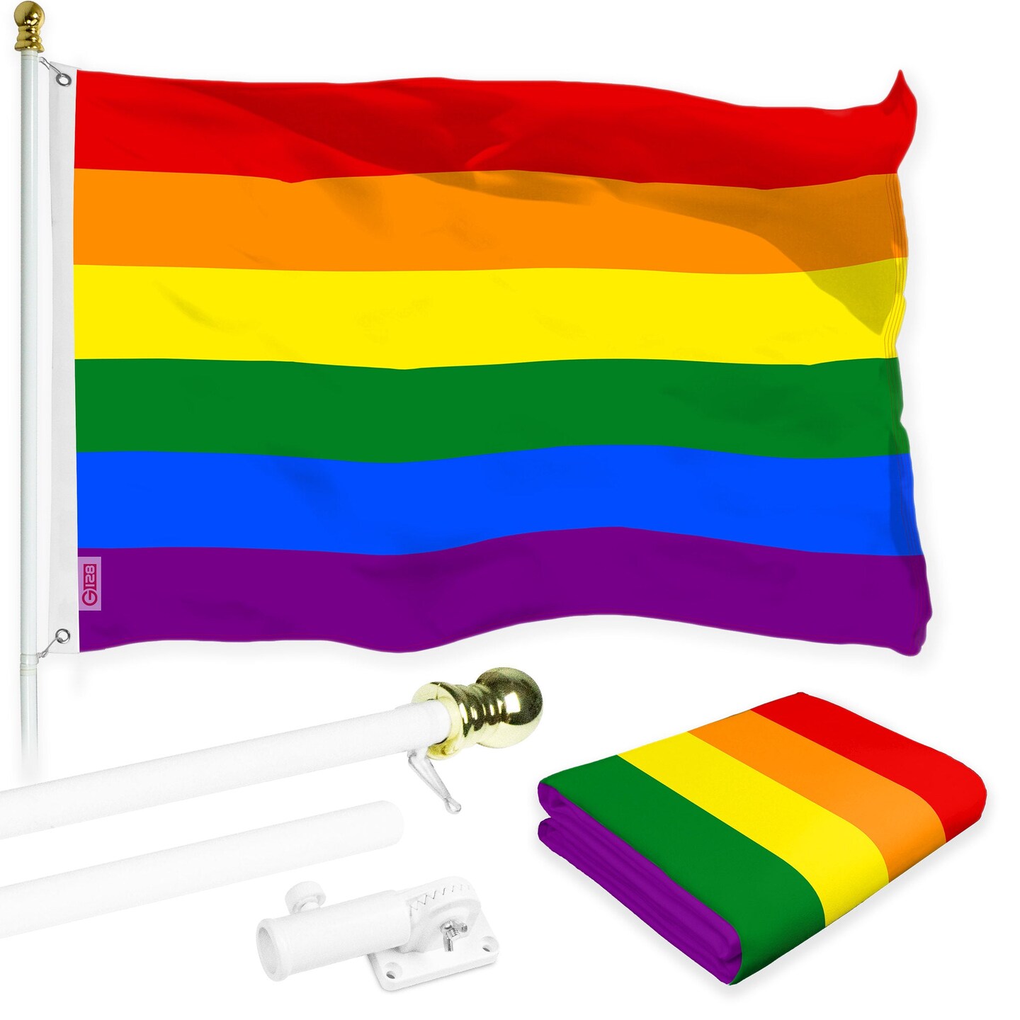 G128 Combo Pack: 6 Ft Tangle Free Aluminum Spinning Flagpole (White) &#x26; LGBT Rainbow Pride Flag 3x5 Ft, LiteWeave Pro Series Printed 150D Polyester | Pole with Flag Included