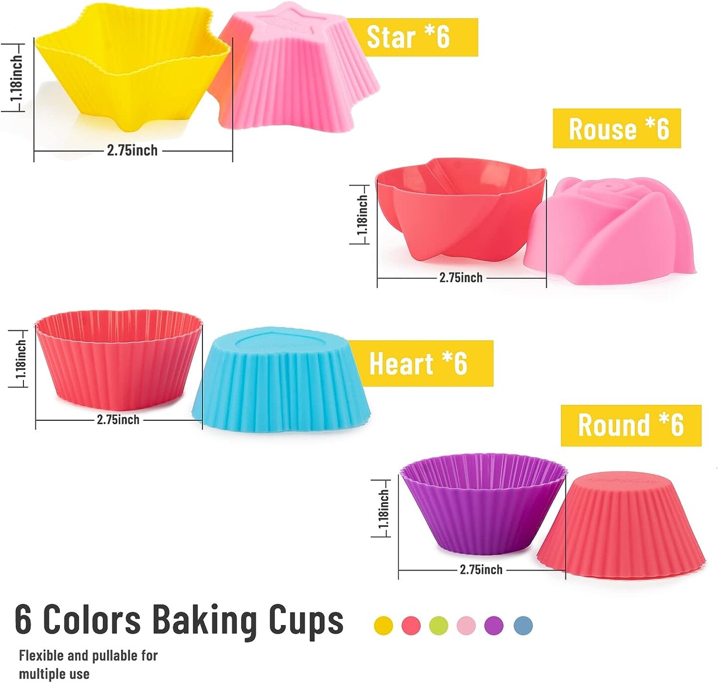 4 Shapes Reusable Silicone Cupcake Liners 24 Pieces