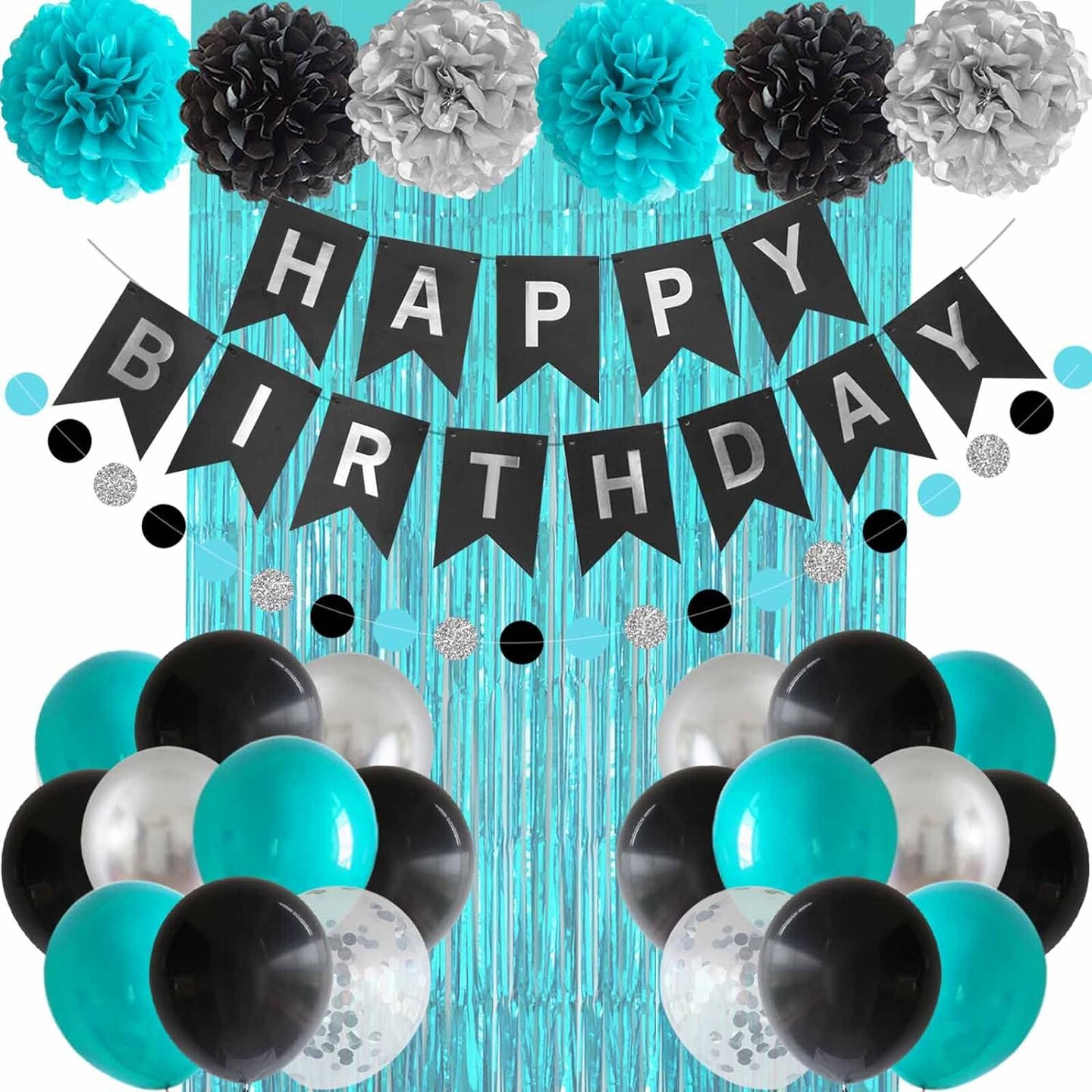 Black Teal Blue and Silver Happy Birthday Party Decorations Turquoise Aqua Balloons D&#xE9;cor Supplies Men Women Boys Girls 1st 2nd 3rd 16th 20th 25th 30th 35th 40th 45th 50th 60th 70th