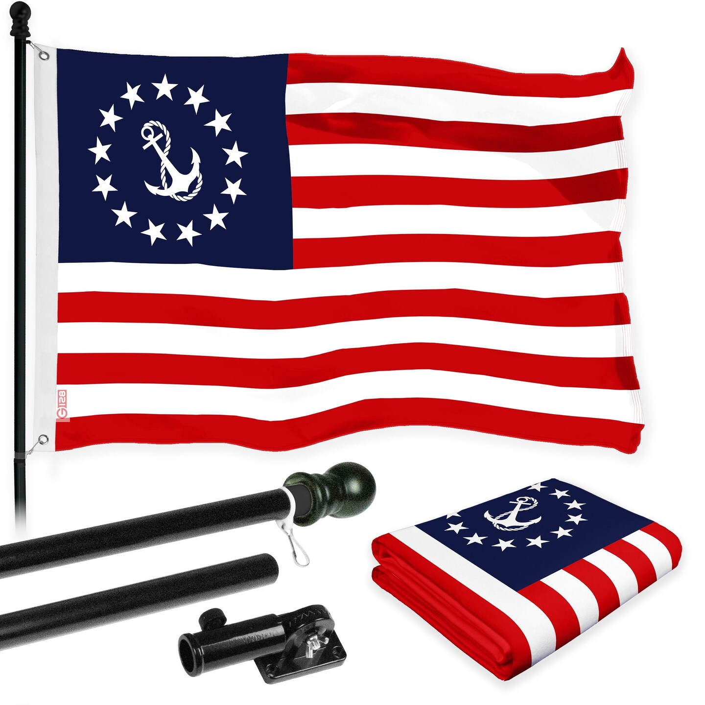 G128 Combo Pack: 6 Ft Tangle Free Aluminum Spinning Flagpole (Black) &#x26; American USA Yacht Ensign Flag 3x5 Ft, LiteWeave Pro Series Printed 150D Polyester | Pole with Flag Included