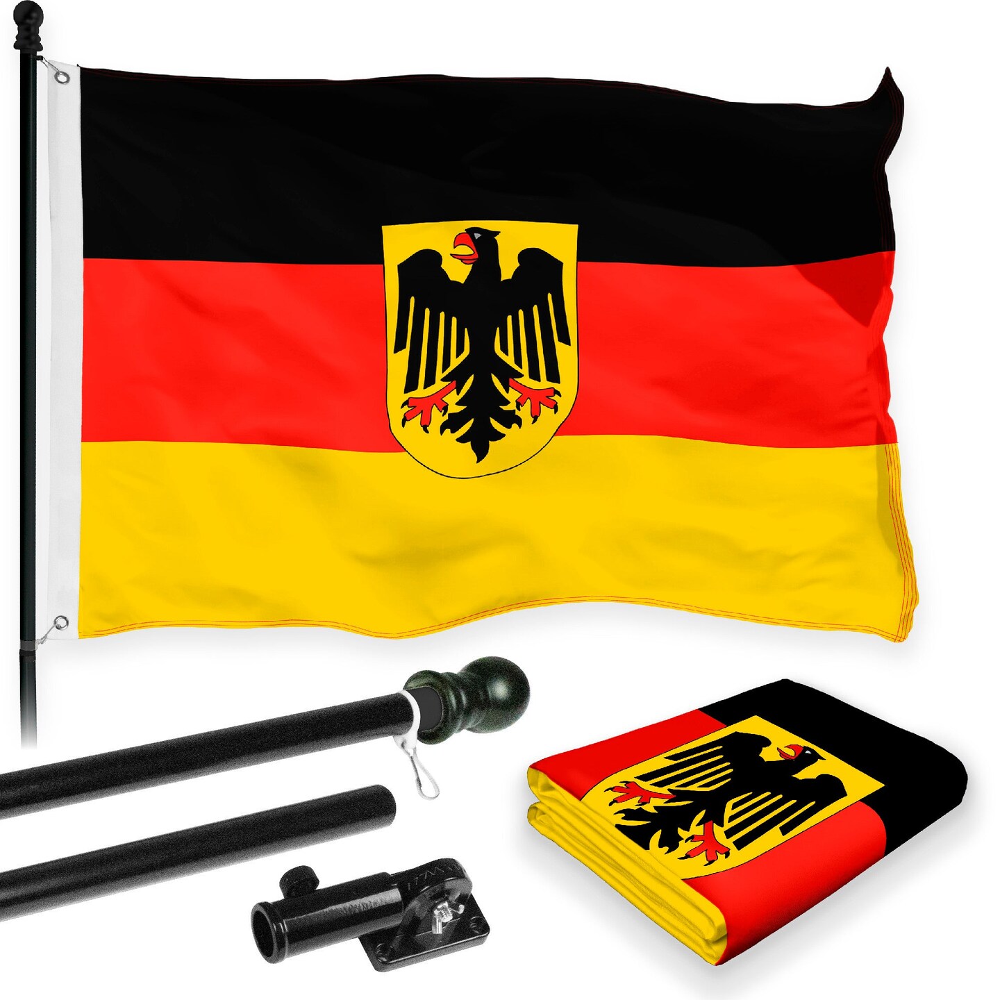G128 Combo Pack: Flag Pole 6 FT Black Tangle Free &#x26; Germany German Ensign Flag 3x5 FT Printed 150D Polyester