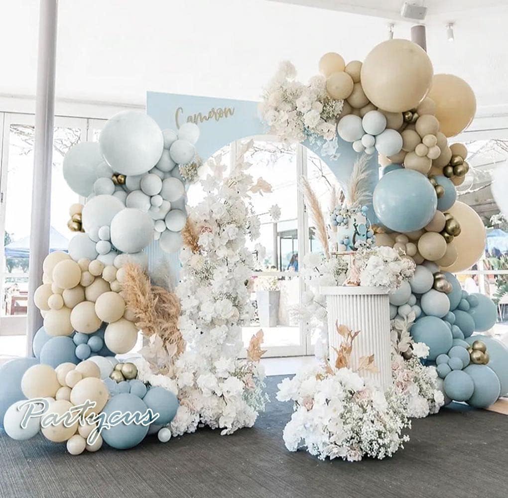 Dusty Blue White Balloon Garland Double Stuffed Pastel Light Blue Balloon White Sand Beige Cream Balloon Arch Kit Metallic Gold Balloons for Neutral Baby Shower Wedding Birthday Party