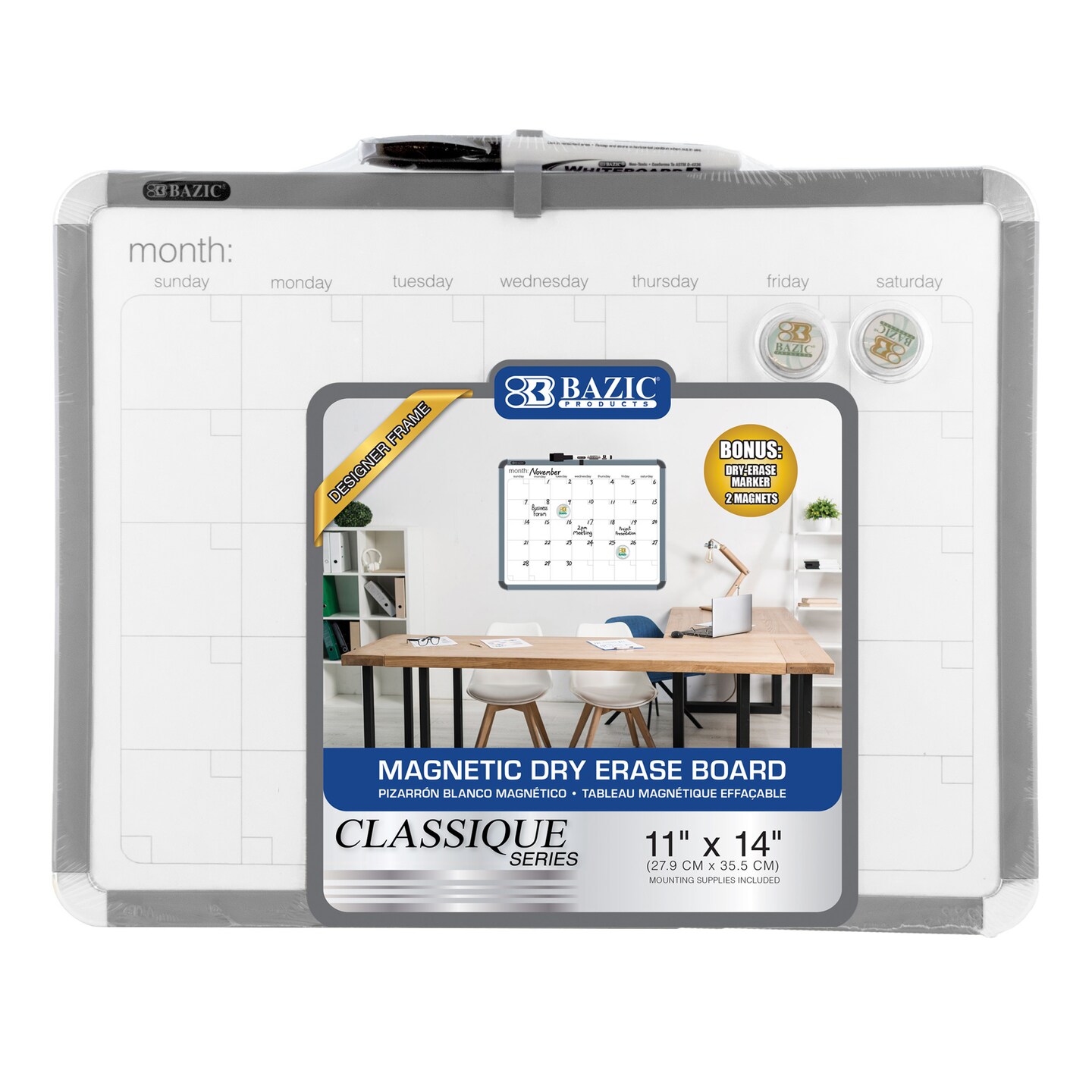 BAZIC CLASSIQUE Magnetic Dry Erase Calendar Board 11&#x22; X 14&#x22; w/ Marker &#x26; 2 Magnets