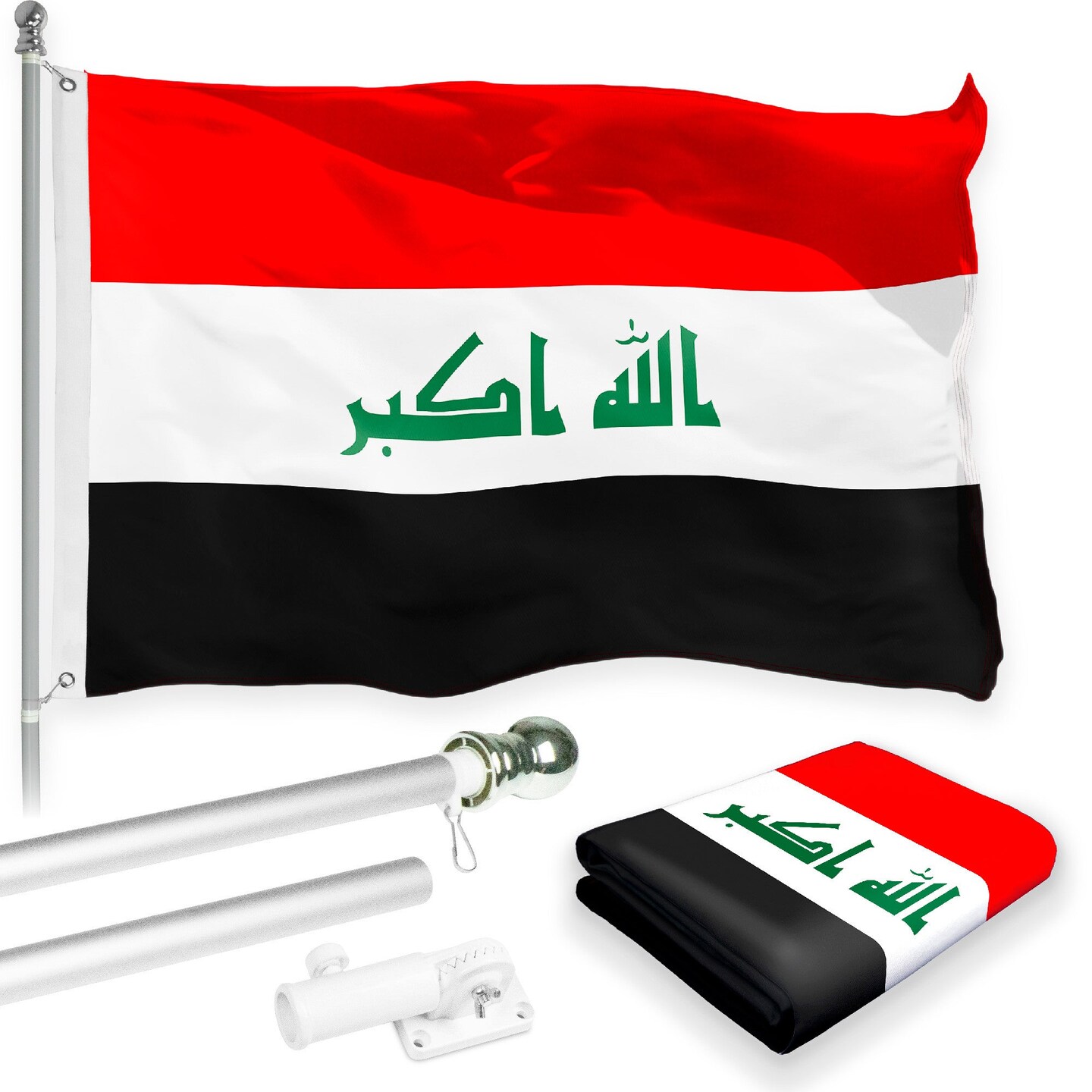 Flag Pole 6FT Silver Tangle Free & Iraq Iraqi Flag 3x5 Ft Combo Printed 150D Polyester By G128