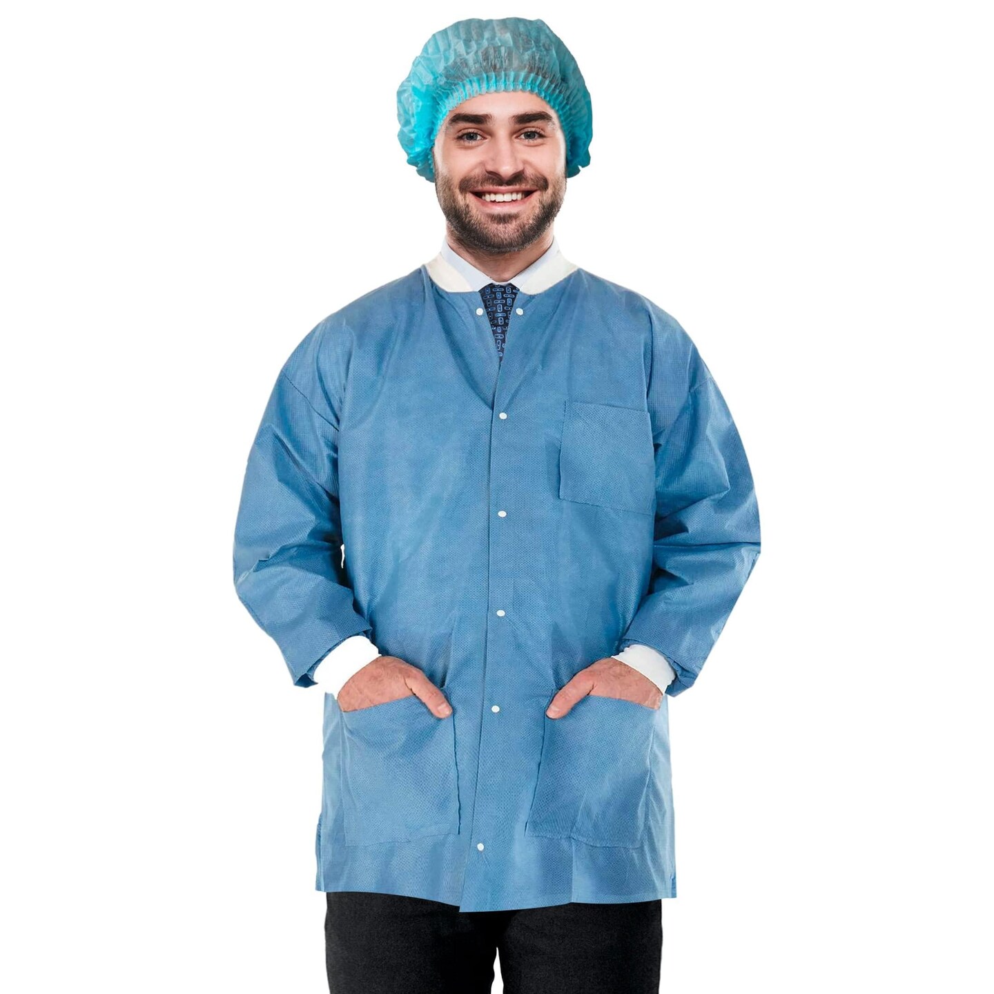 Disposable Lab Jackets 33&#x201D; XX Large Ceil Blue SMS Disposable Jackets Dental 10 Pack Breathable Lab Jacket for Men Women 50 GSM PPE Jacket with Front Snaps Knit Cuffs Collar 3 Pockets