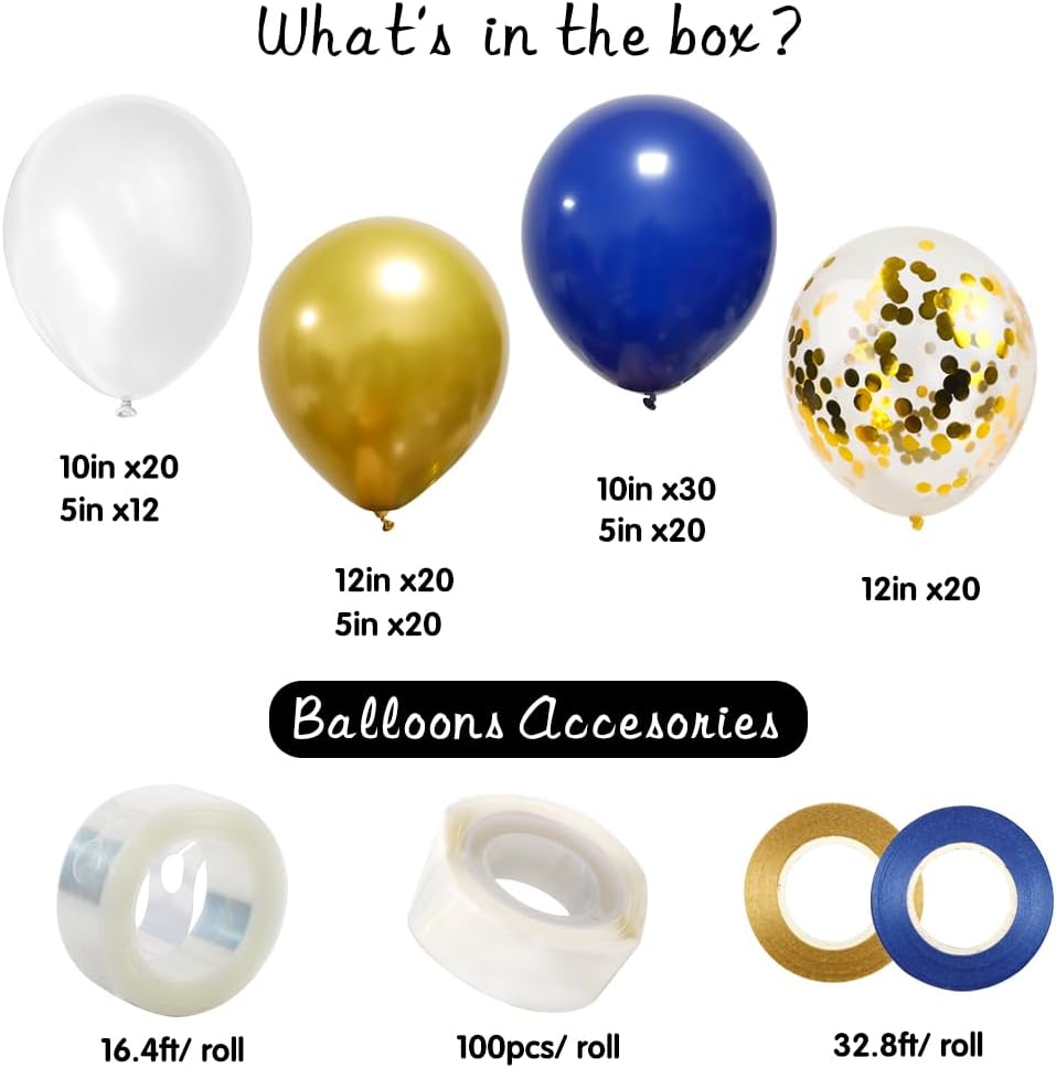 142pcs Royal Blue Gold Balloon Garland Arch Kit, Royal Blue and Gold White Balloons for Graduation Birthday Baby Shower Party Decorations