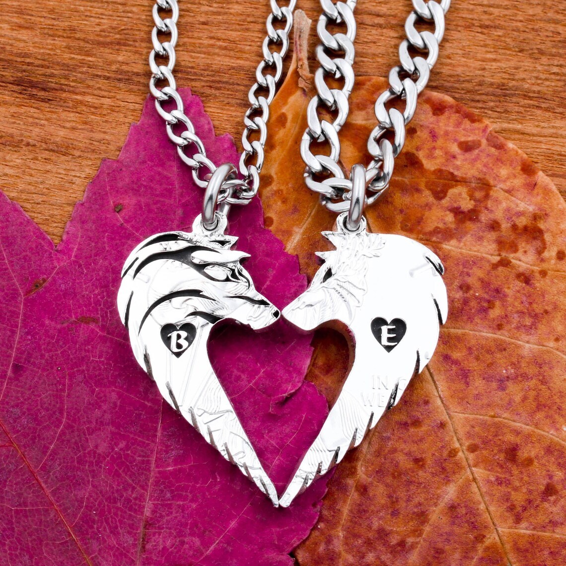 Wolf Couples Necklaces, Custom Initials Engraved, Wolves Making Heart, Wolf with Stripes, Relationship Jewelry, Hand Cut Coin, By NameCoins